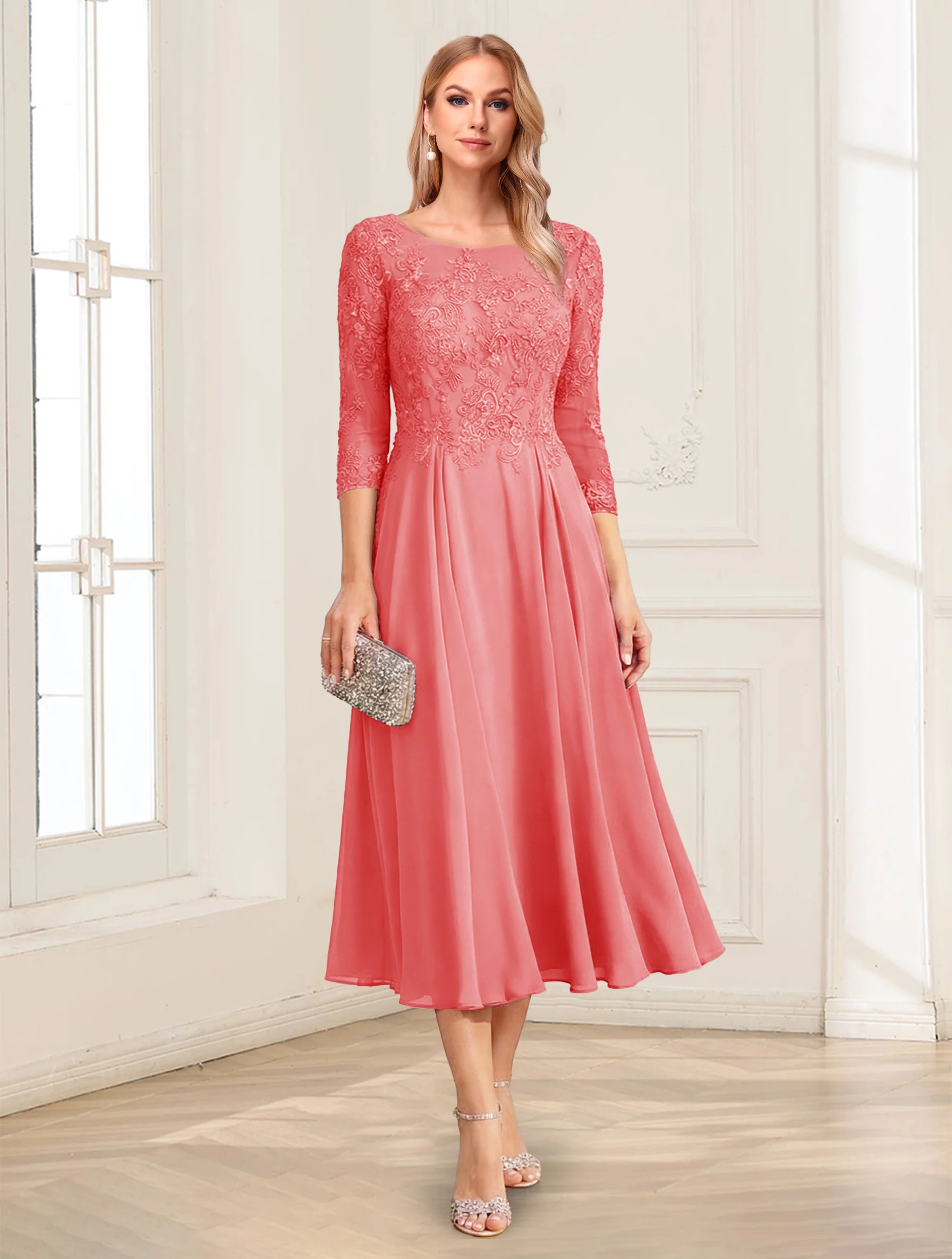 A-Line/Princess Scoop 3/4 Sleeves Tea-Length Mother of the Bride Dresses with Applique & Lace - Image 12
