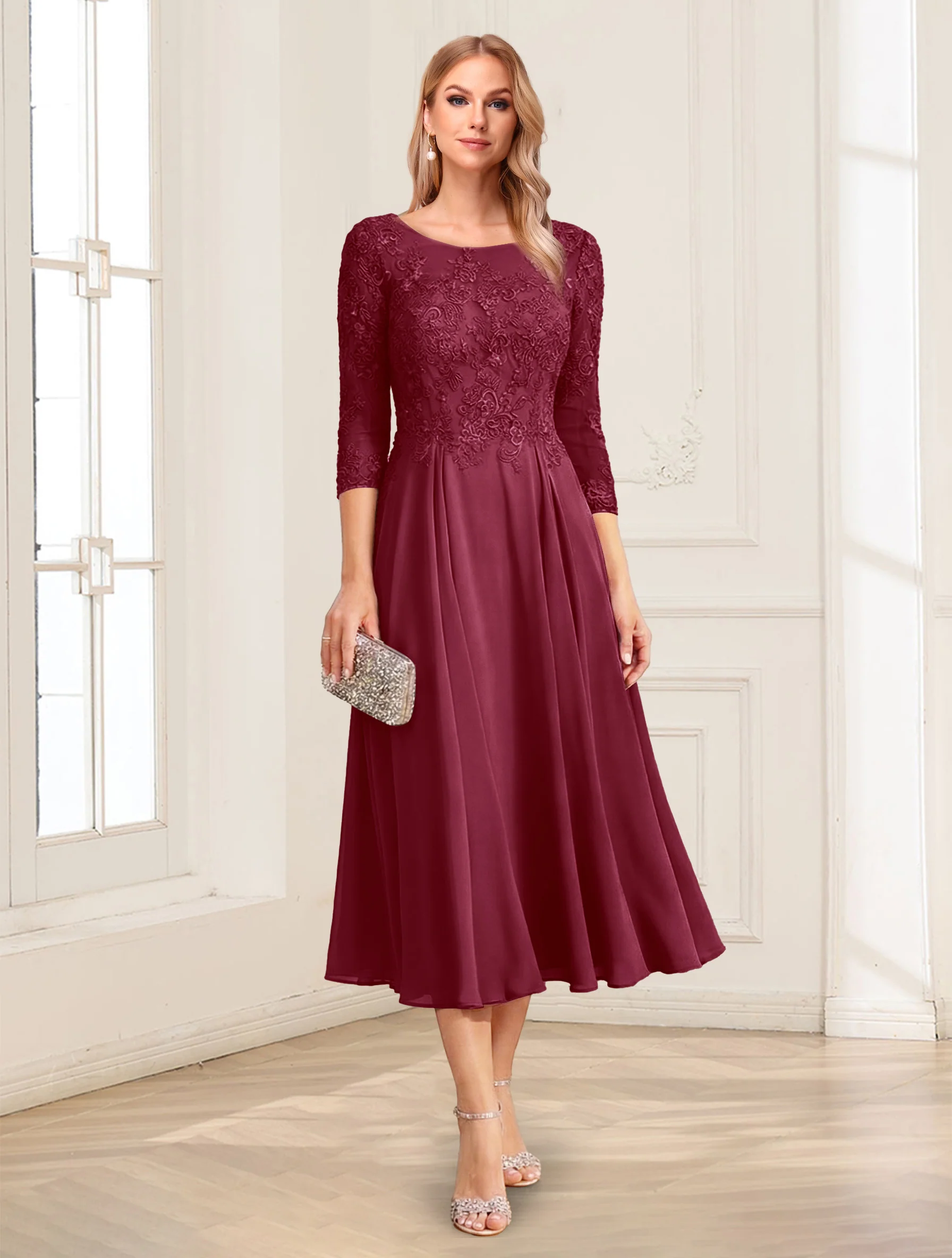 A-Line/Princess Scoop 3/4 Sleeves Tea-Length Mother of the Bride Dresses with Applique & Lace - Image 31