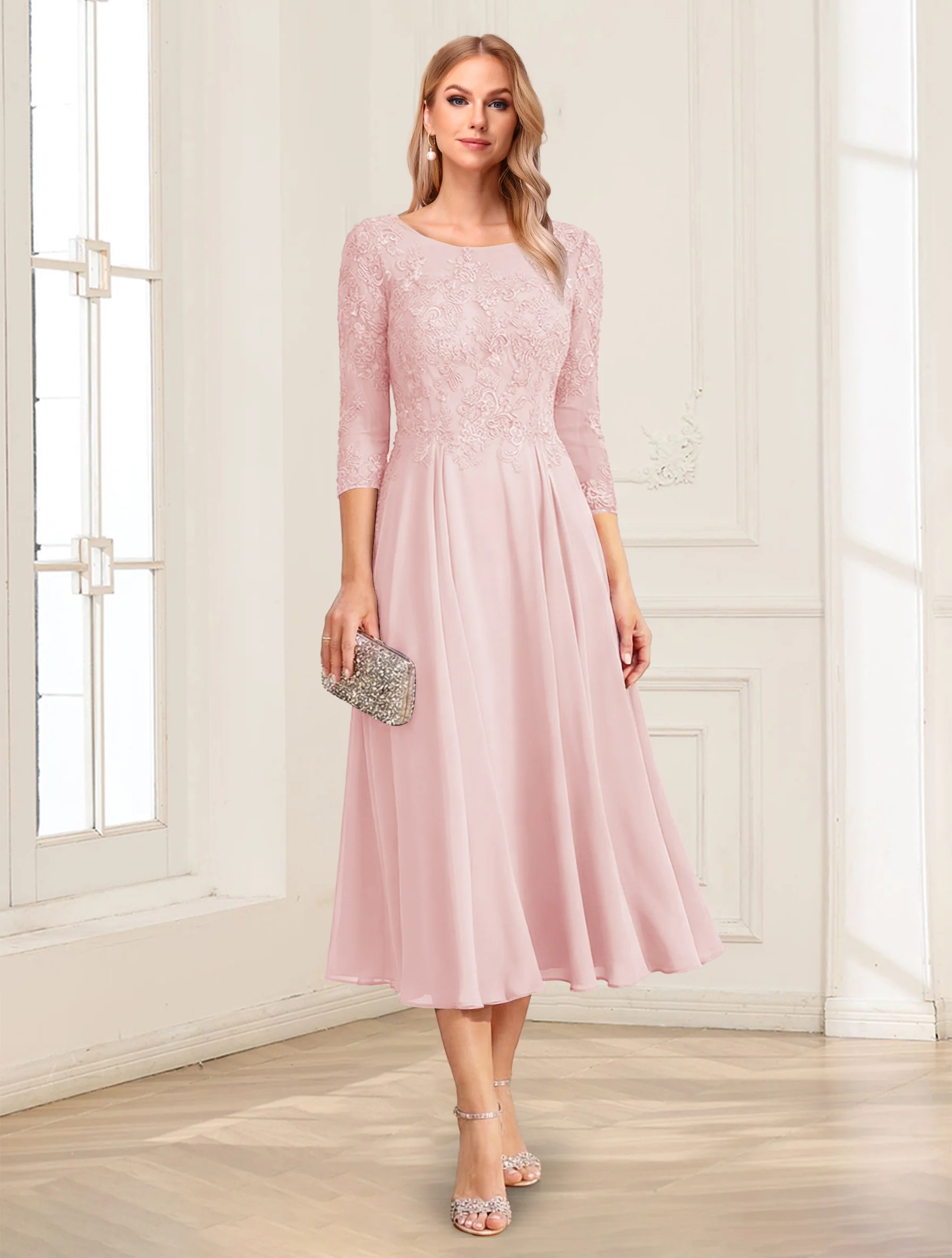 A-Line/Princess Scoop 3/4 Sleeves Tea-Length Mother of the Bride Dresses with Applique & Lace - Image 33