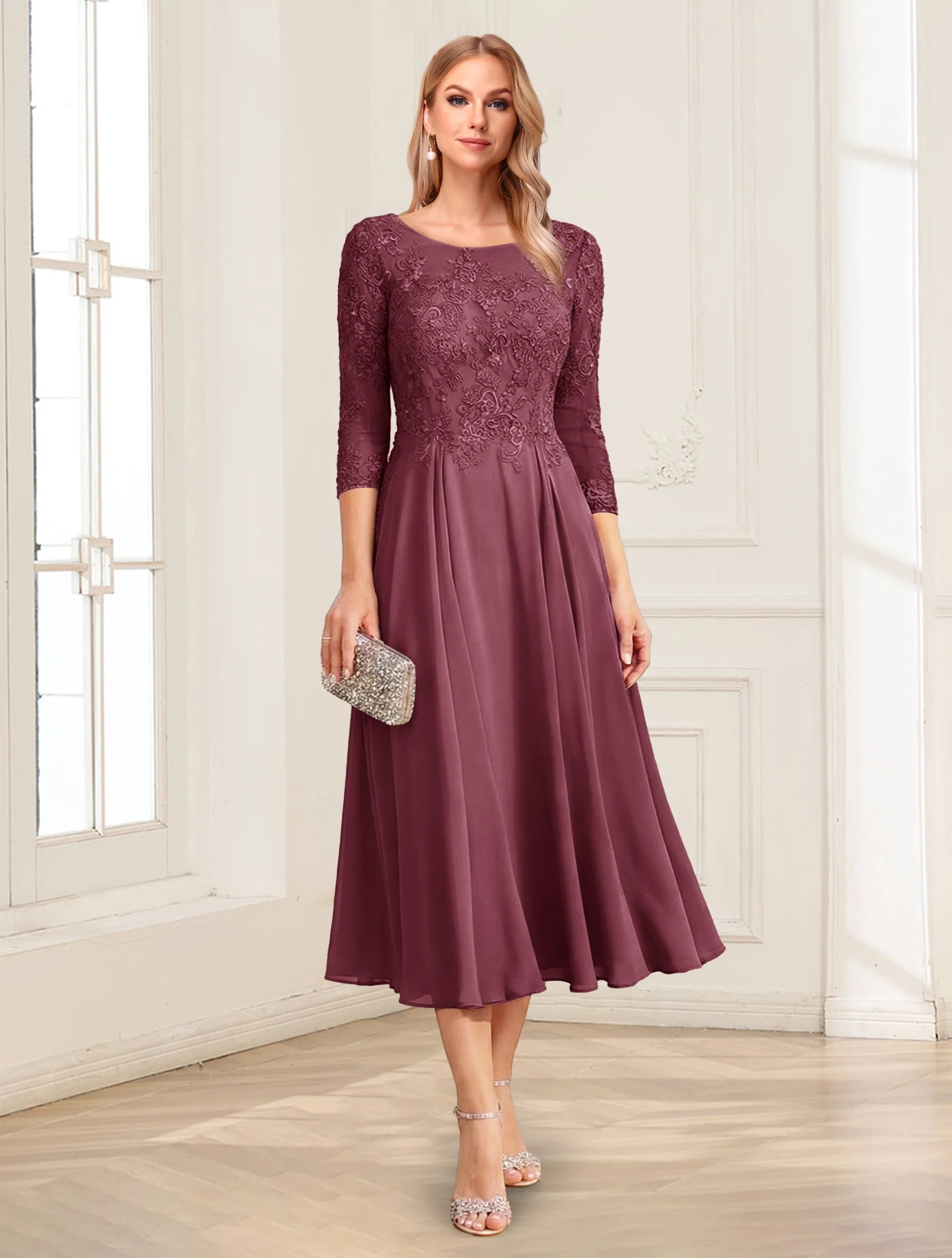 A-Line/Princess Scoop 3/4 Sleeves Tea-Length Mother of the Bride Dresses with Applique & Lace - Image 41
