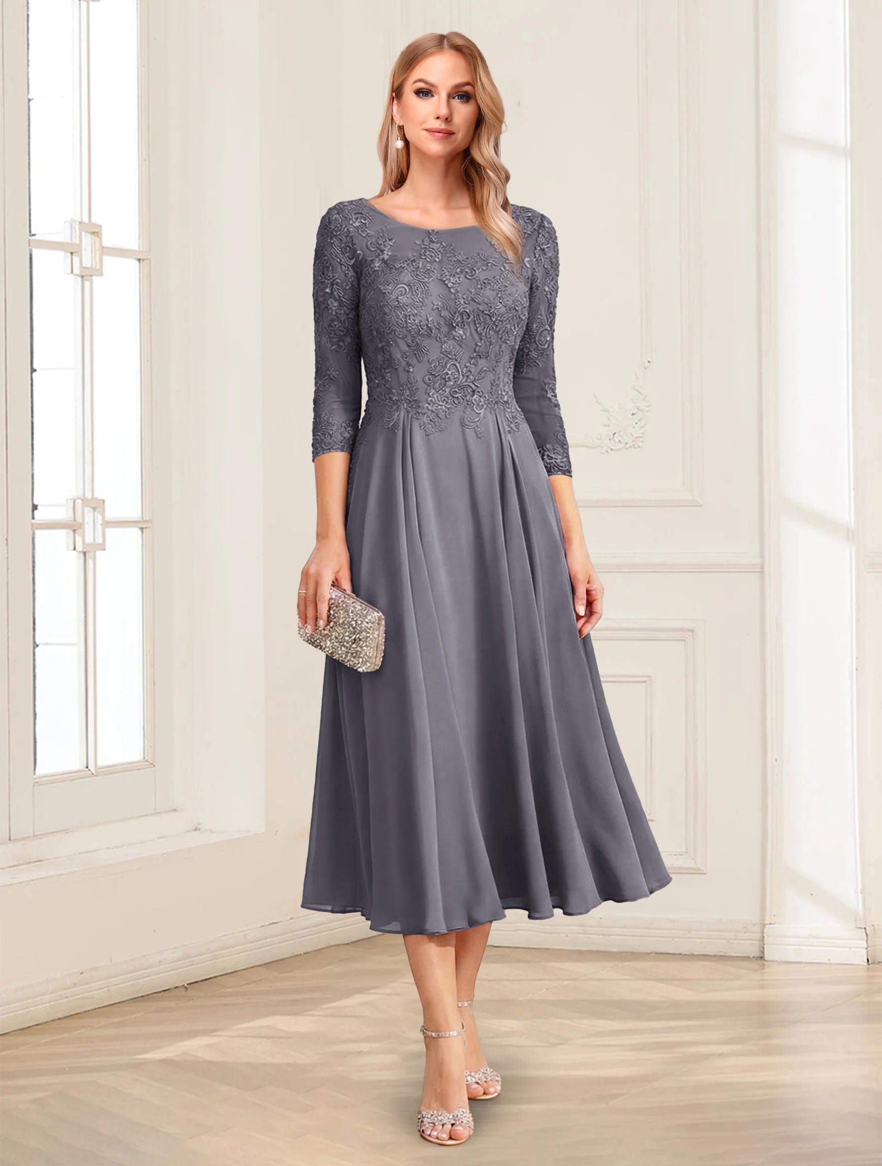 A-Line/Princess Scoop 3/4 Sleeves Tea-Length Mother of the Bride Dresses with Applique & Lace - Image 61