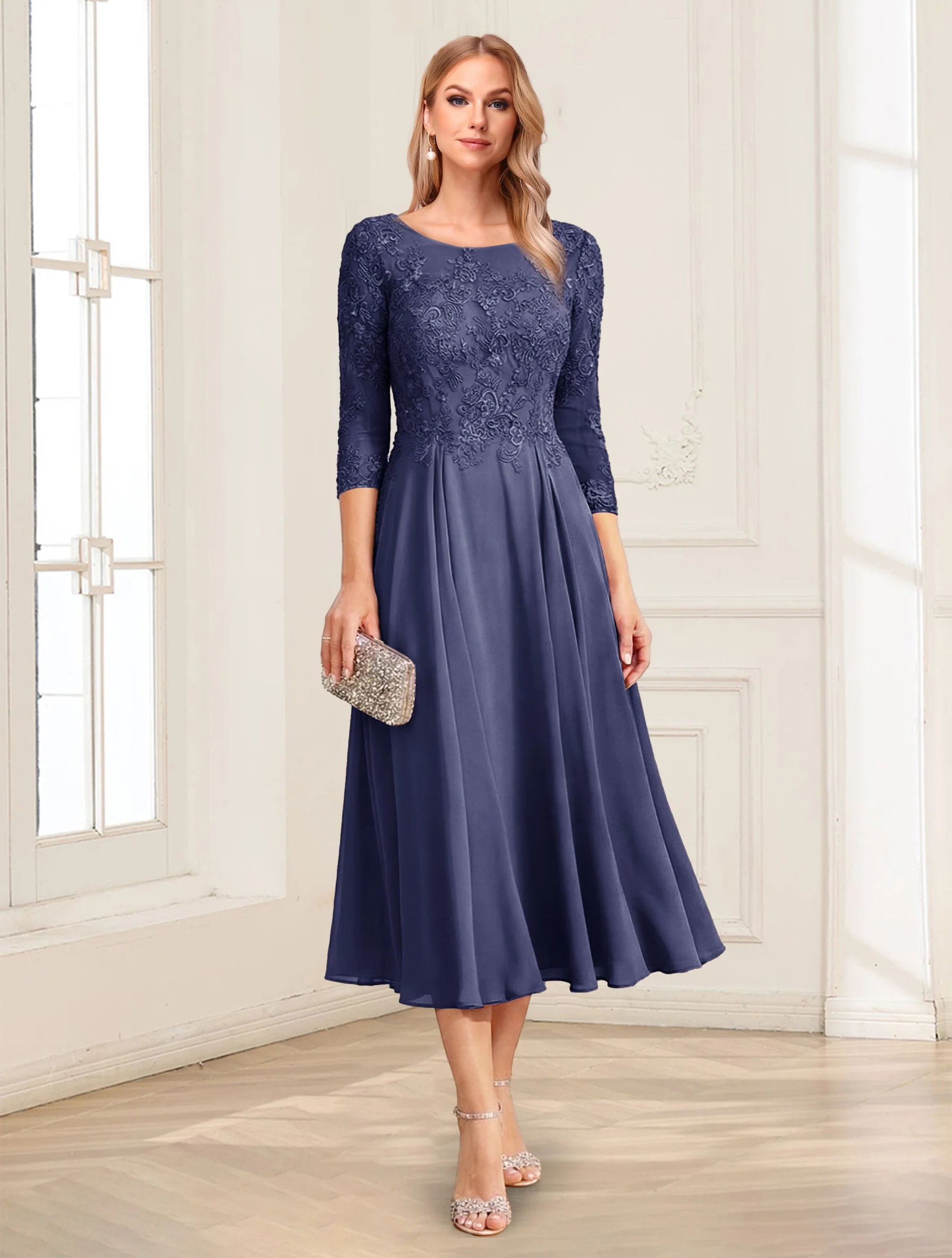 A-Line/Princess Scoop 3/4 Sleeves Tea-Length Mother of the Bride Dresses with Applique & Lace - Image 65
