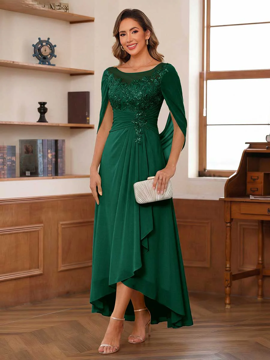 A-Line/Princess Scoop Asymmetrical Mother of the Bride Dresses with Cape & Appliques - Image 12