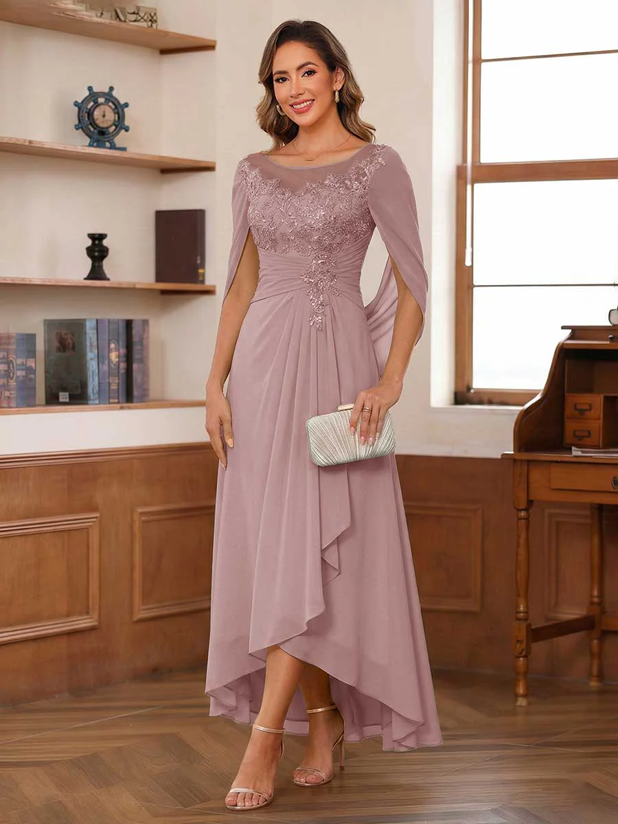 A-Line/Princess Scoop Asymmetrical Mother of the Bride Dresses with Cape & Appliques - Image 15