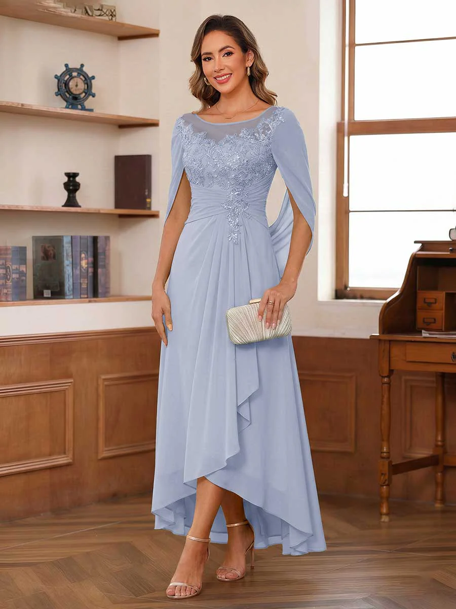 A-Line/Princess Scoop Asymmetrical Mother of the Bride Dresses with Cape & Appliques - Image 29