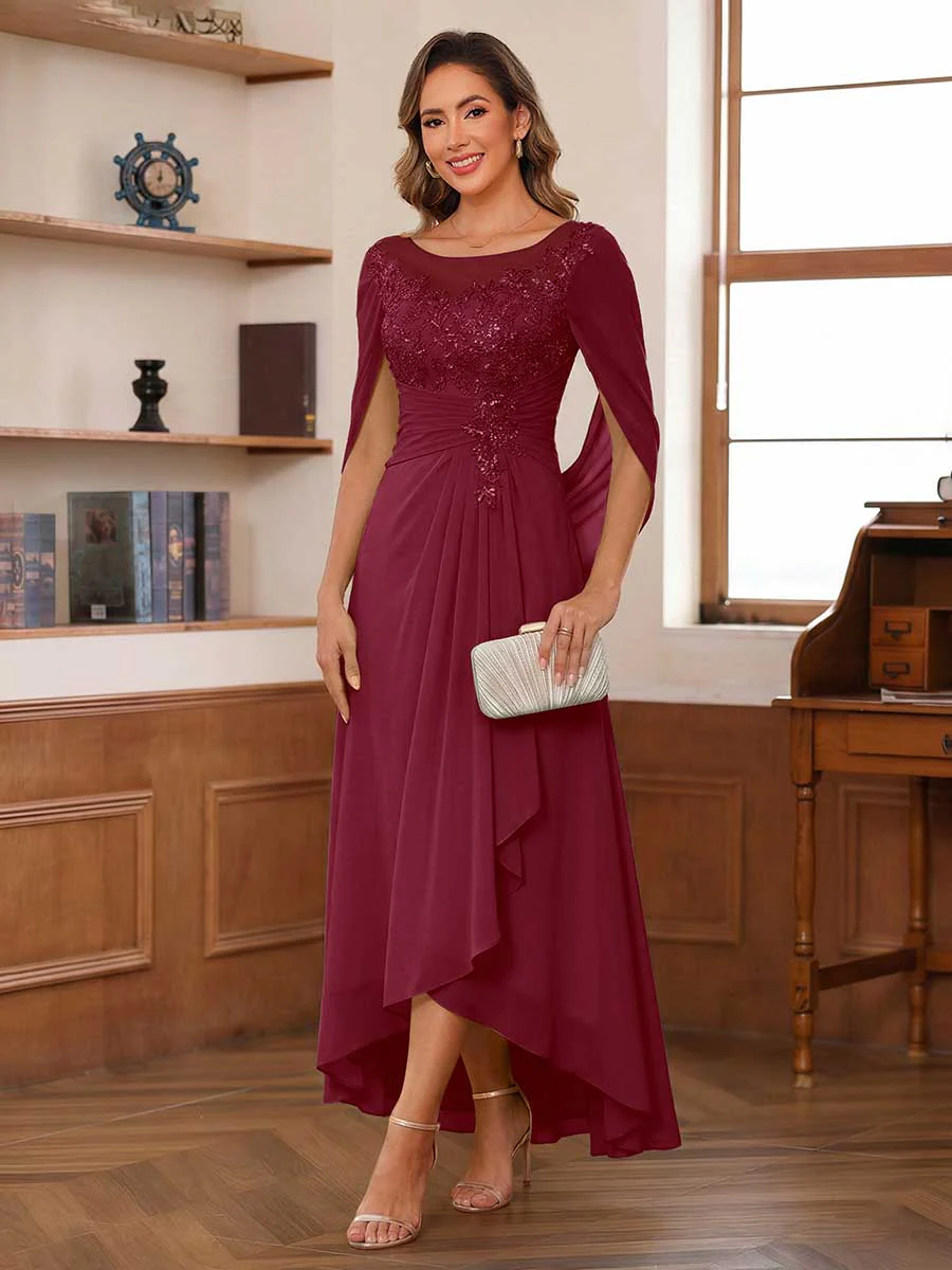 A-Line/Princess Scoop Asymmetrical Mother of the Bride Dresses with Cape & Appliques - Image 31