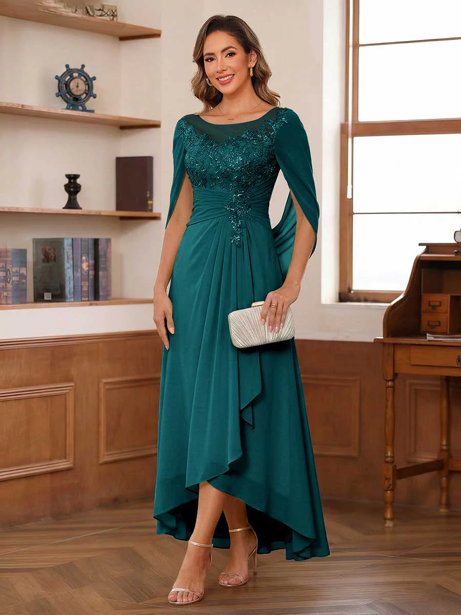 A-Line/Princess Scoop Asymmetrical Mother of the Bride Dresses with Cape & Appliques - Image 50