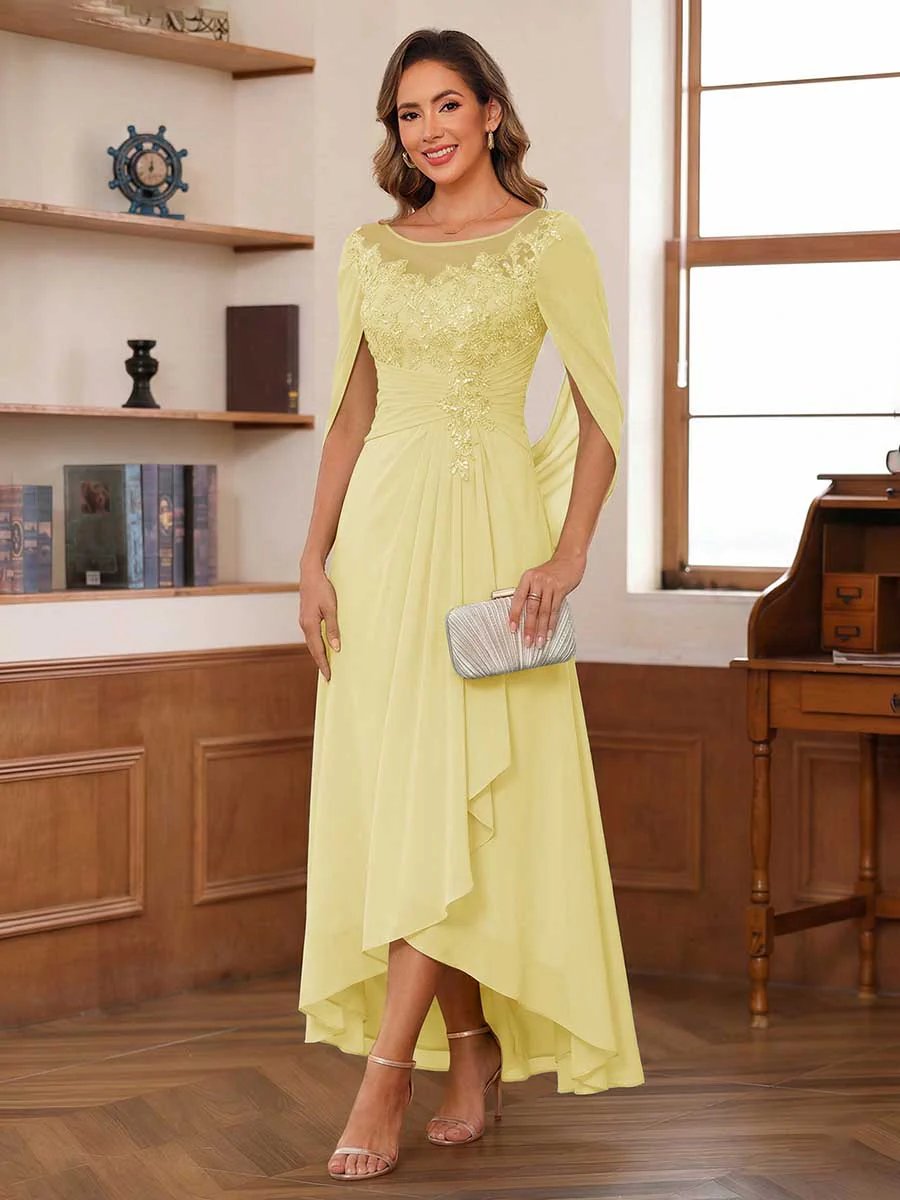 A-Line/Princess Scoop Asymmetrical Mother of the Bride Dresses with Cape & Appliques - Image 9