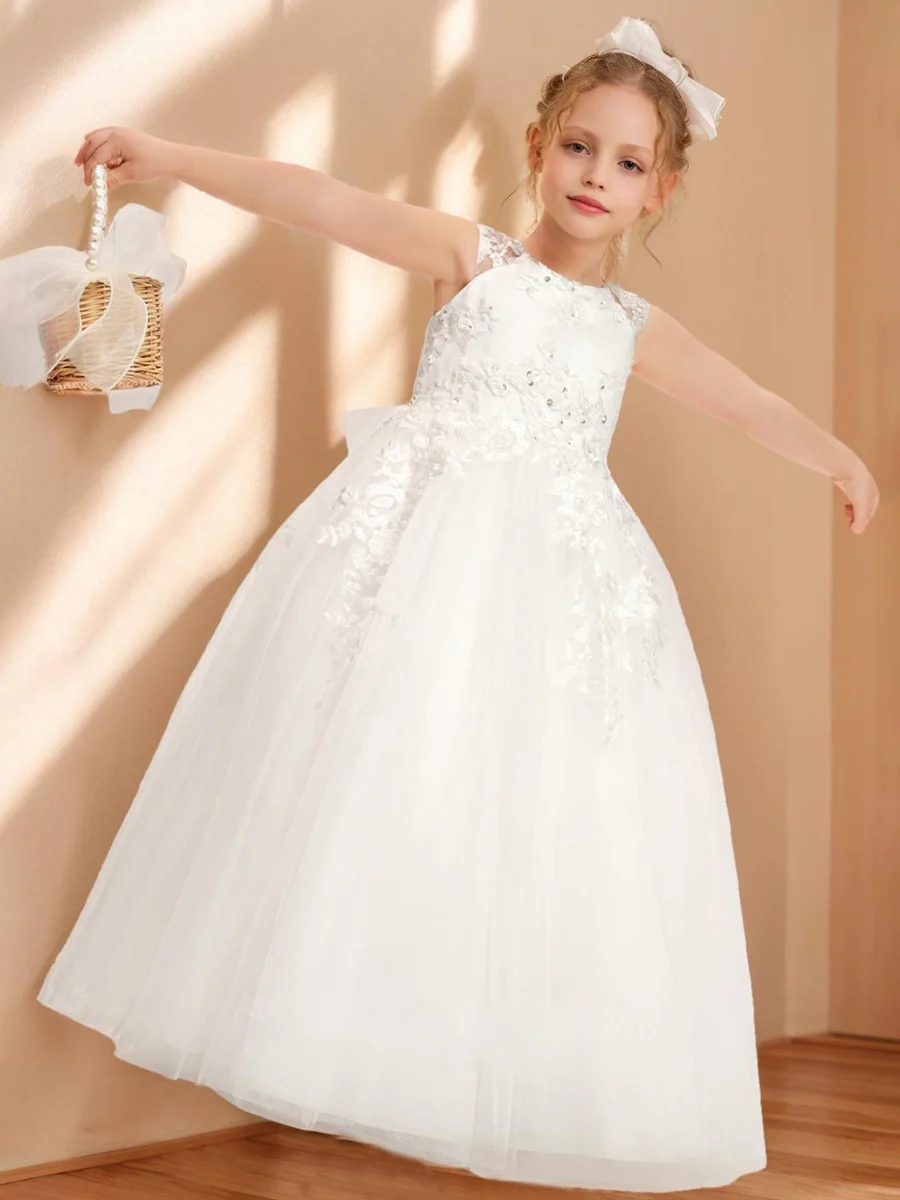 A-Line/Princess Scoop Floor-Length Sleeveless Flower Girl Dresses With Beading Sequins - Image 3