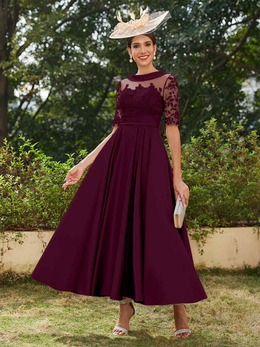 A-Line/Princess Scoop Half Sleeves Ankle-Length Long Evening Dresses with Appliques - Image 12