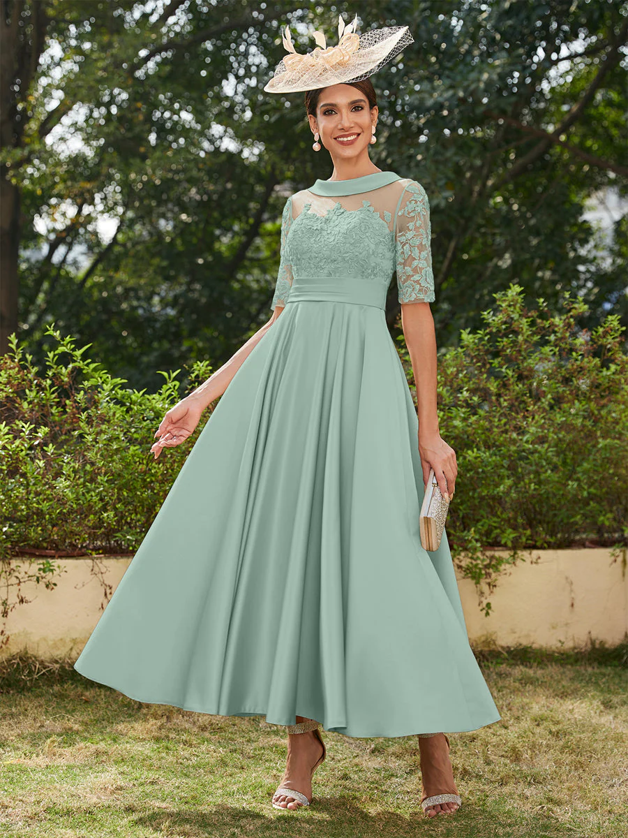 A-Line/Princess Scoop Half Sleeves Ankle-Length Long Evening Dresses with Appliques - Image 17