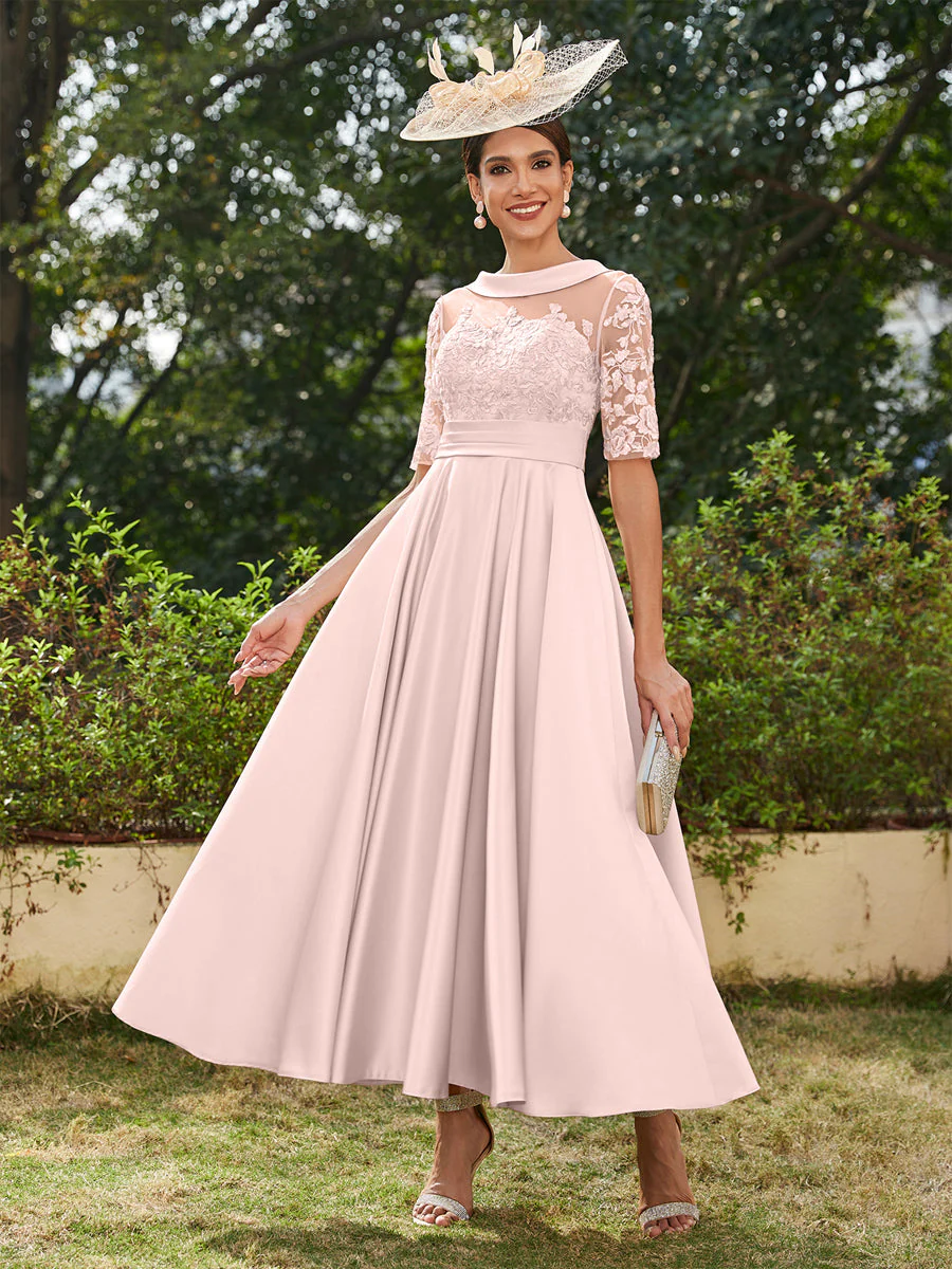 A-Line/Princess Scoop Half Sleeves Ankle-Length Long Evening Dresses with Appliques - Image 27