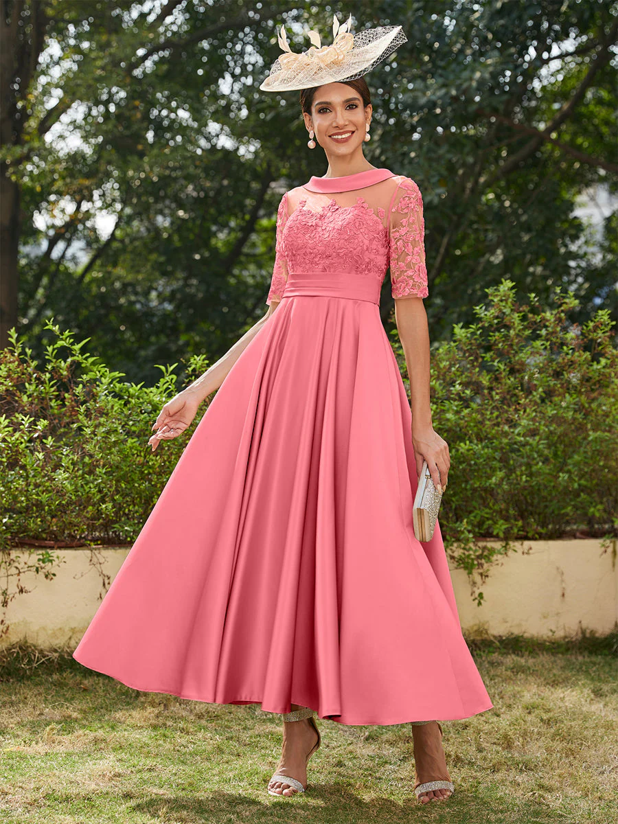 A-Line/Princess Scoop Half Sleeves Ankle-Length Long Evening Dresses with Appliques - Image 30