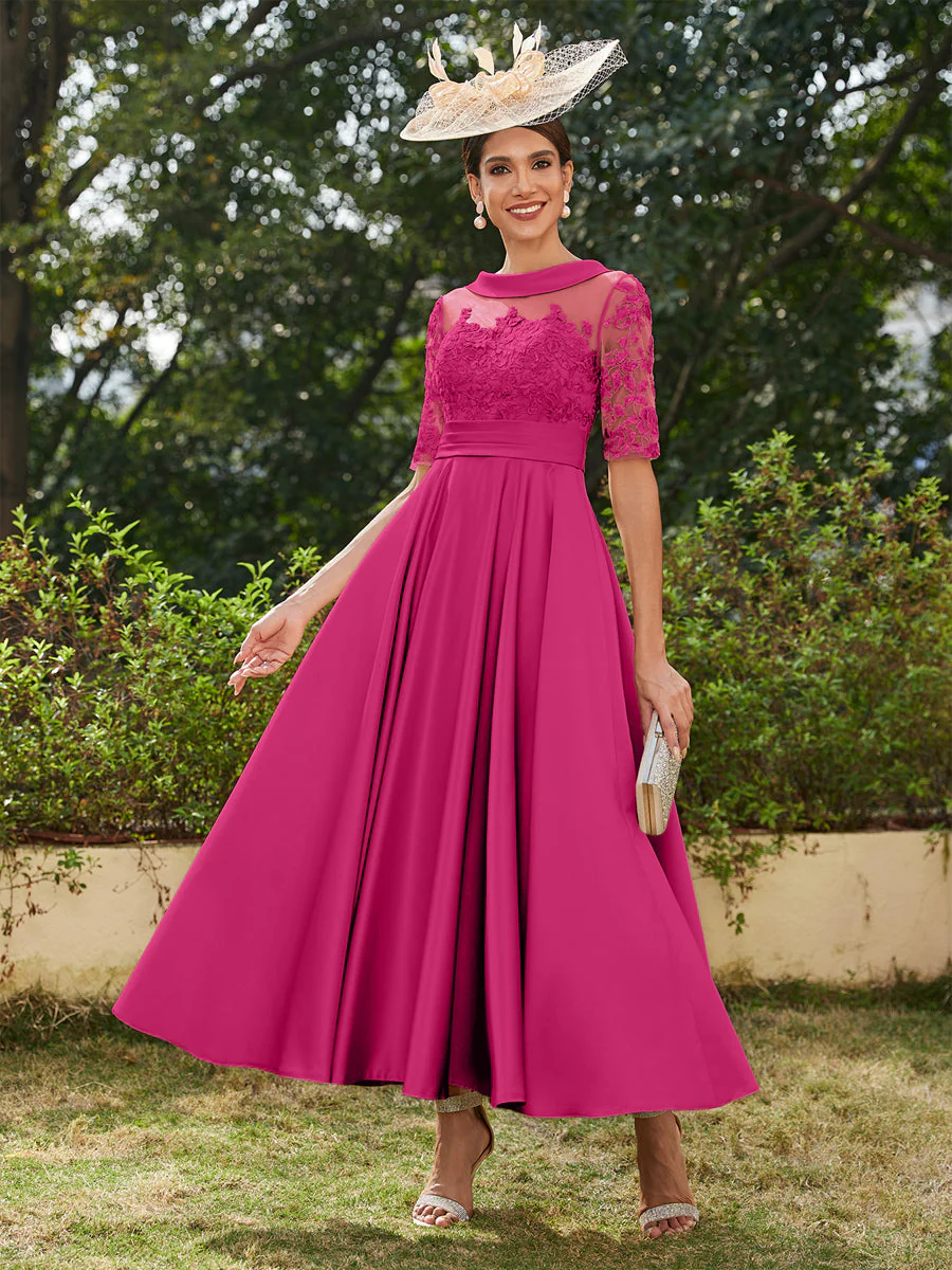 A-Line/Princess Scoop Half Sleeves Ankle-Length Long Evening Dresses with Appliques - Image 33