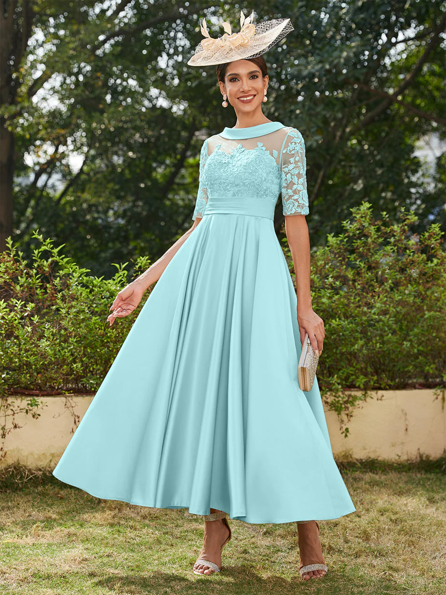 A-Line/Princess Scoop Half Sleeves Ankle-Length Long Evening Dresses with Appliques - Image 47