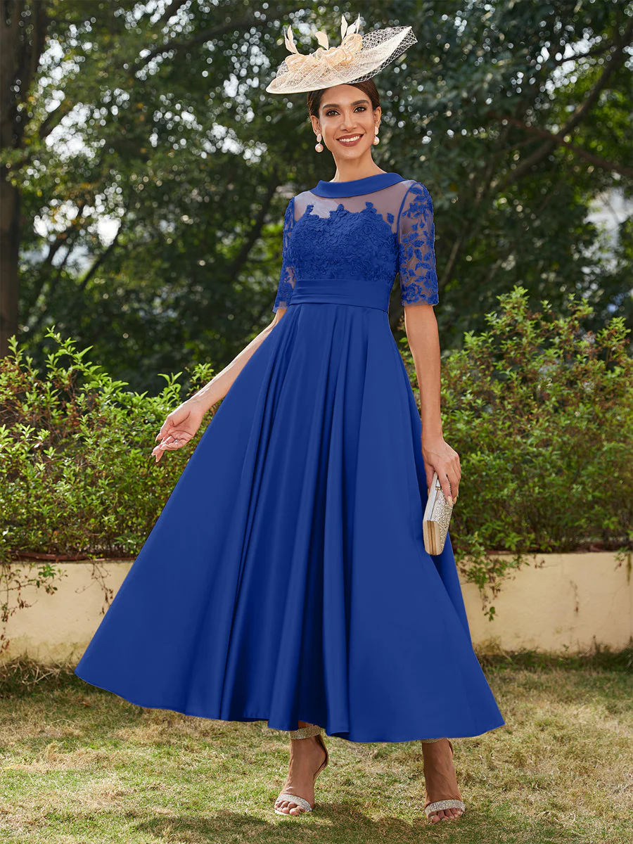 A-Line/Princess Scoop Half Sleeves Ankle-Length Long Evening Dresses with Appliques - Image 54