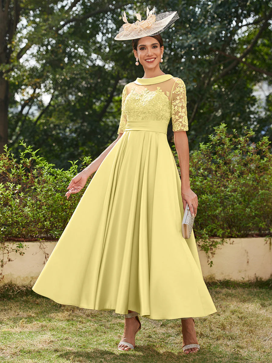 A-Line/Princess Scoop Half Sleeves Ankle-Length Long Evening Dresses with Appliques - Image 66