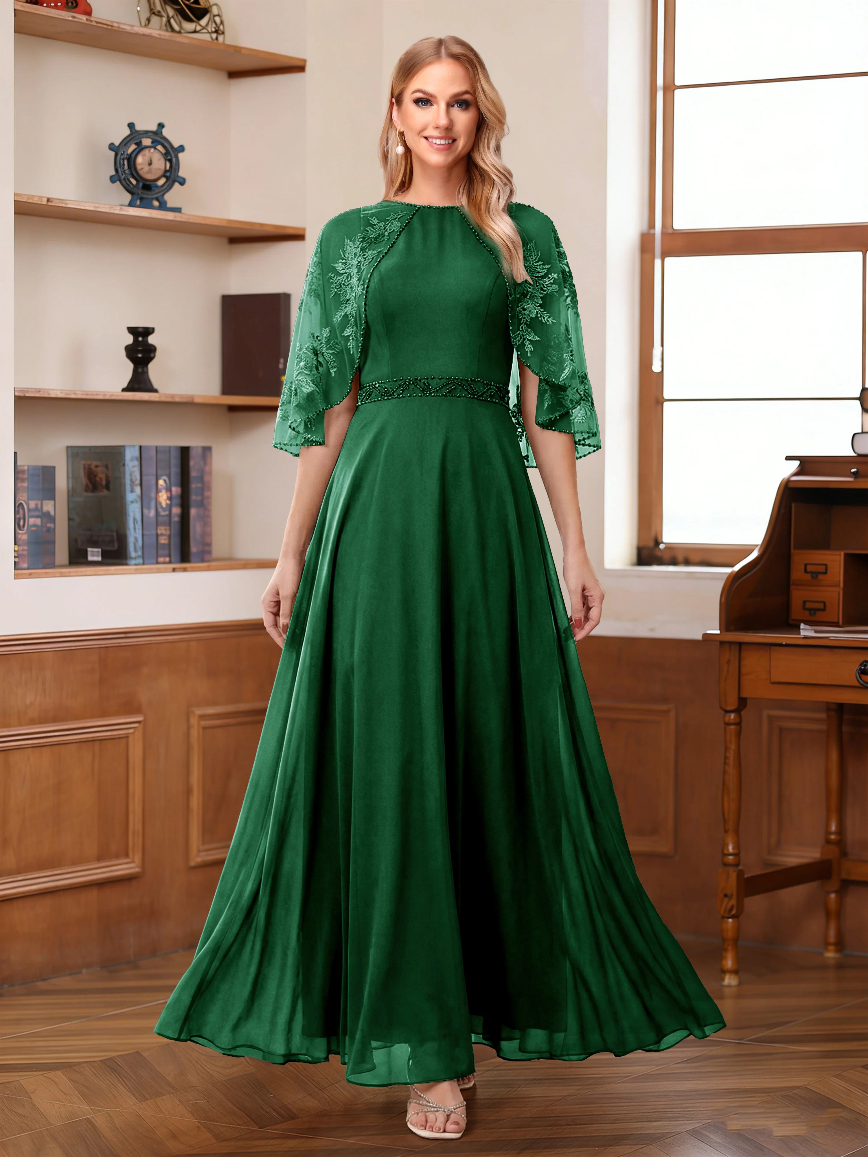 A-Line/Princess Scoop Half Sleeves Ankle-Length Mother of the Bride Dress With Lace & Applique - Image 27