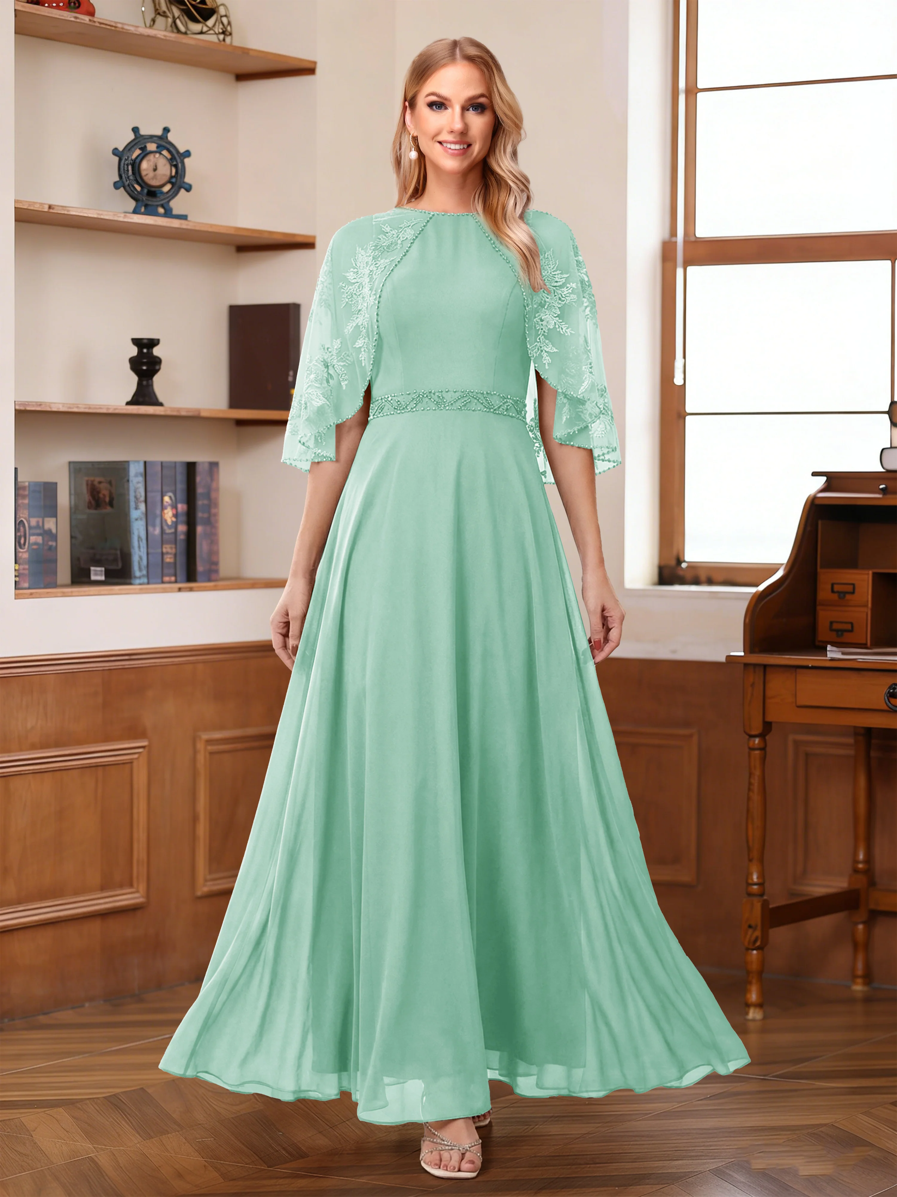 A-Line/Princess Scoop Half Sleeves Ankle-Length Mother of the Bride Dress With Lace & Applique - Image 43