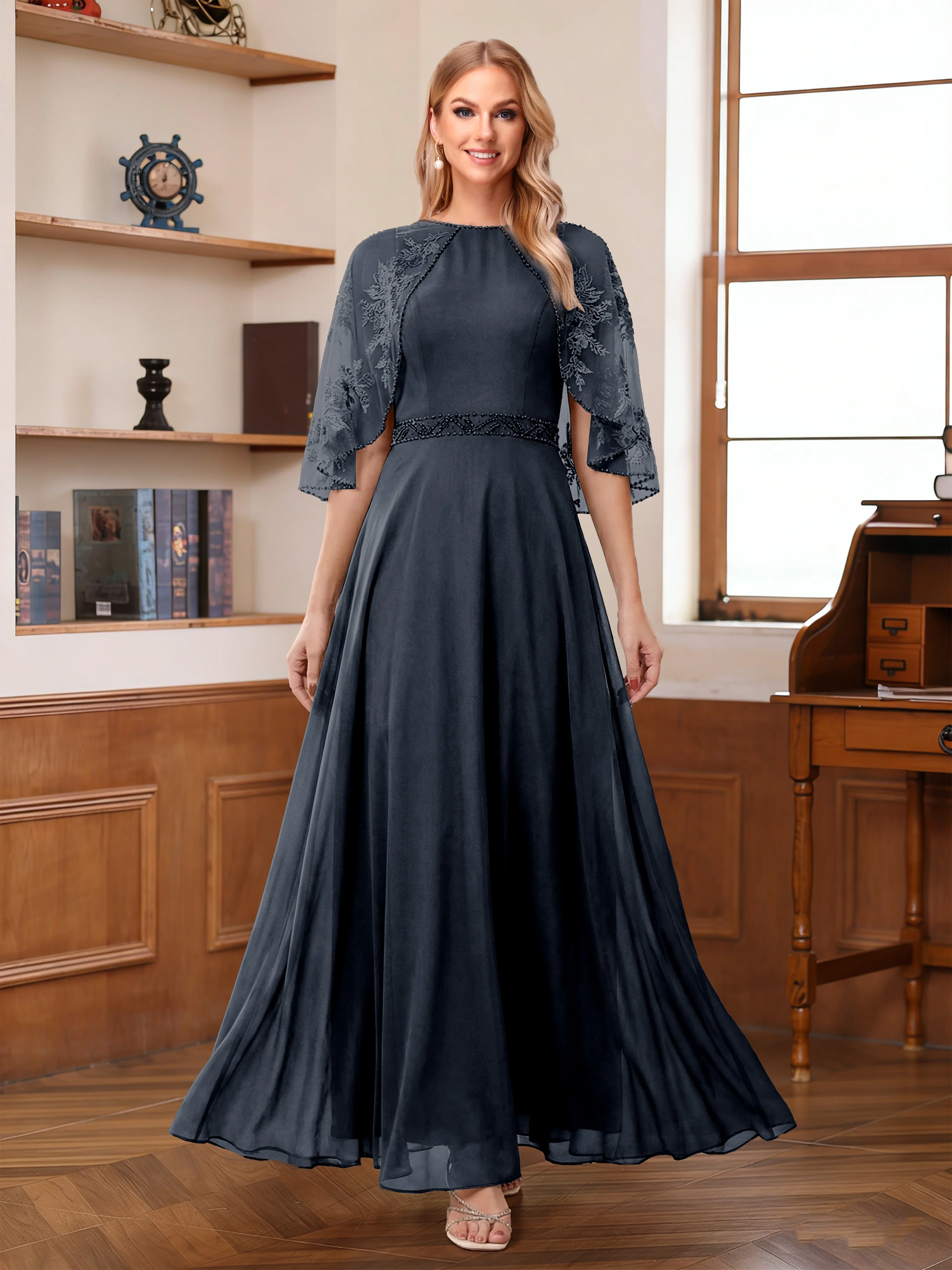 A-Line/Princess Scoop Half Sleeves Ankle-Length Mother of the Bride Dress With Lace & Applique - Image 46