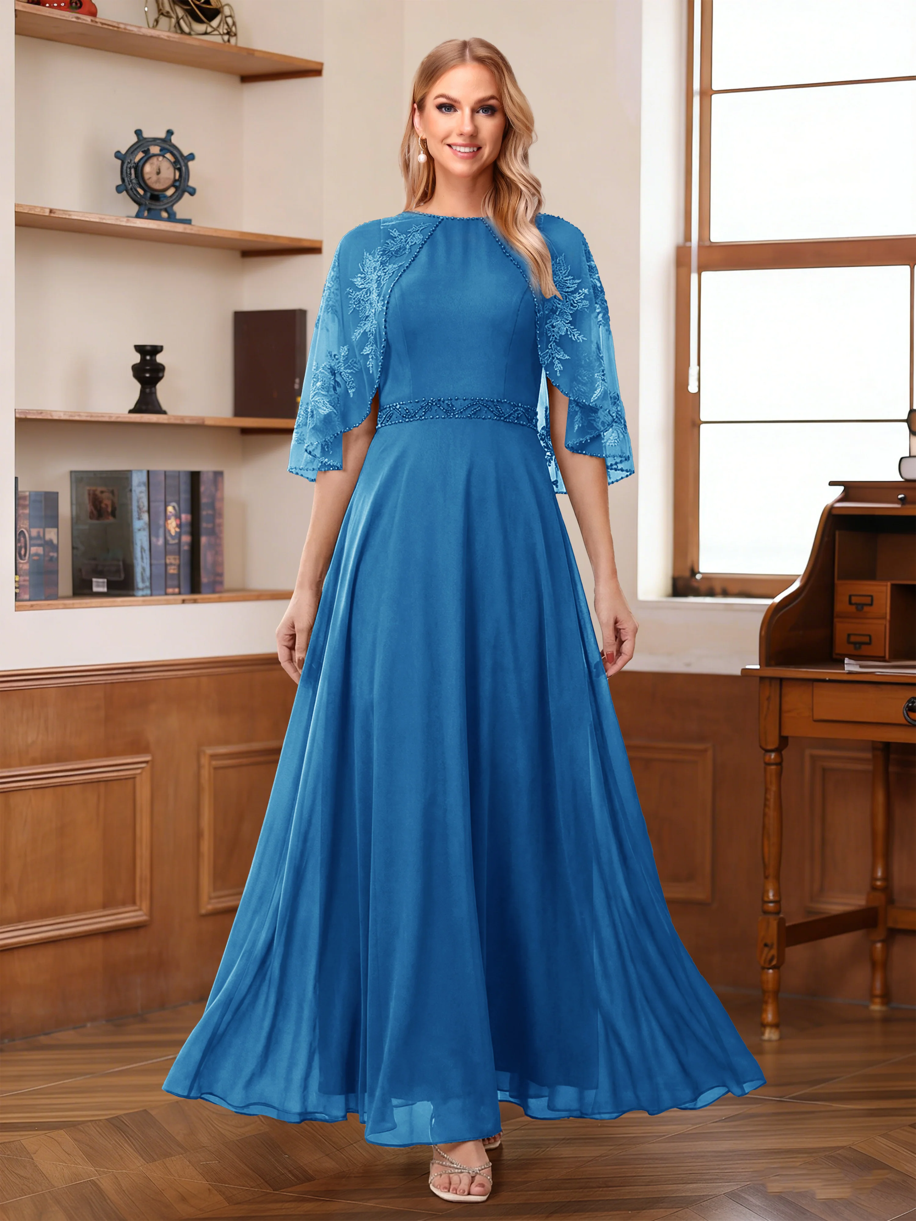 A-Line/Princess Scoop Half Sleeves Ankle-Length Mother of the Bride Dress With Lace & Applique - Image 47