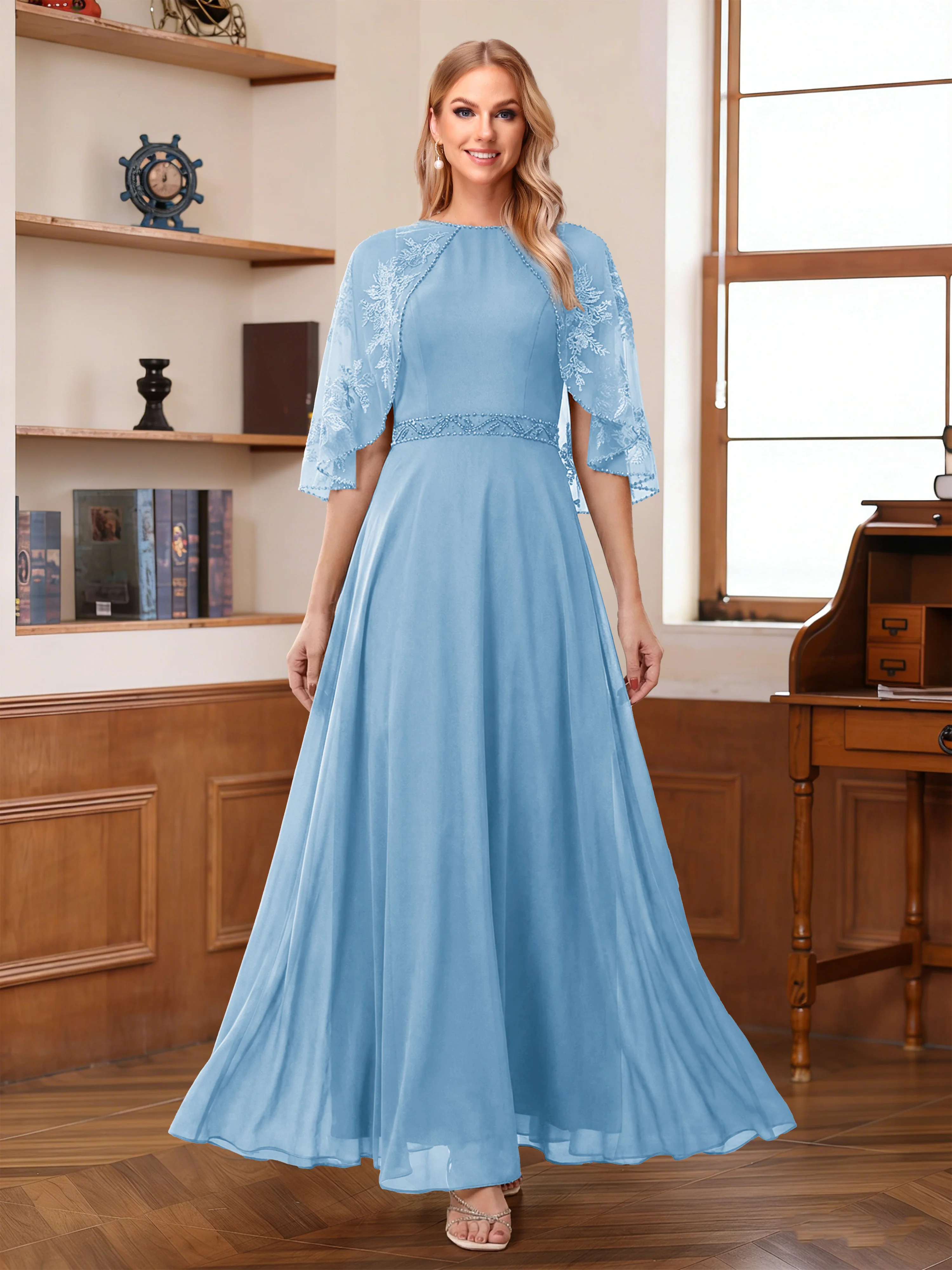 A-Line/Princess Scoop Half Sleeves Ankle-Length Mother of the Bride Dress With Lace & Applique - Image 62