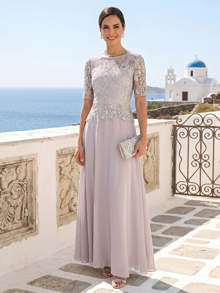 A-Line/Princess Scoop Half Sleeves Floor-Length Mother of the Bride Dresses with Applique & Lace