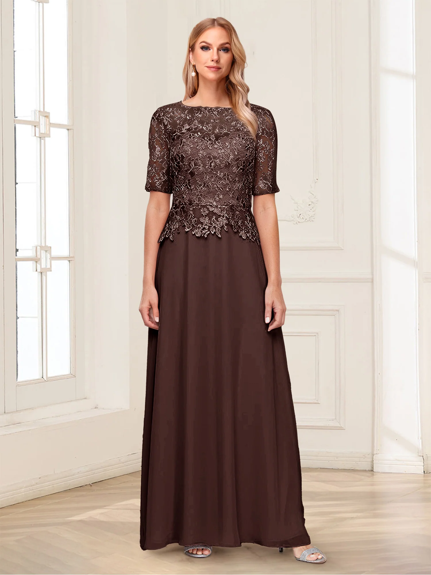 A-Line/Princess Scoop Half Sleeves Floor-Length Mother of the Bride Dresses with Applique & Lace - Image 27