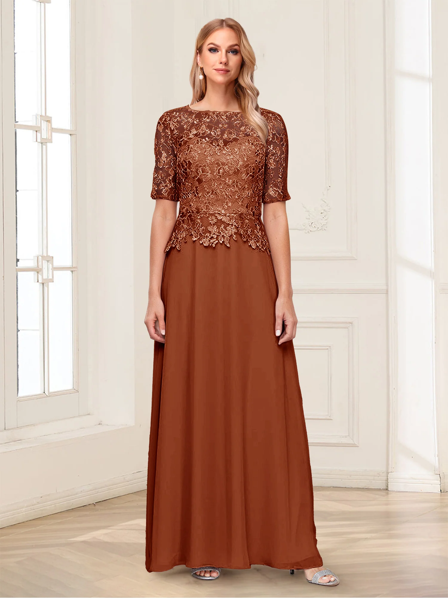 A-Line/Princess Scoop Half Sleeves Floor-Length Mother of the Bride Dresses with Applique & Lace - Image 28