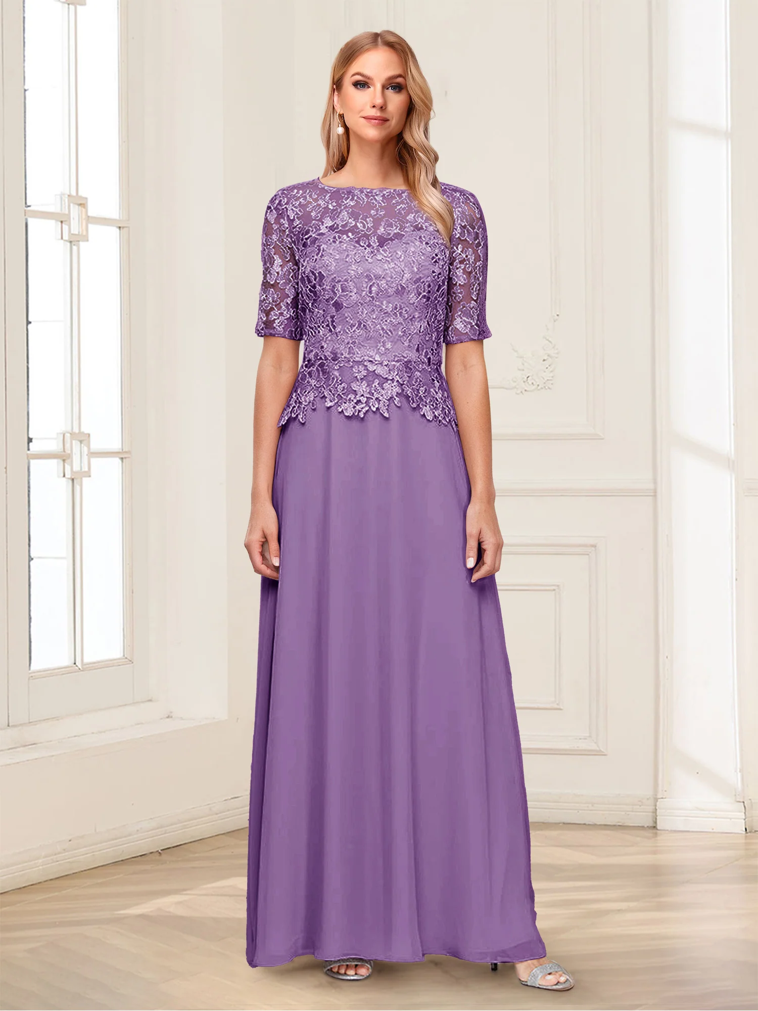 A-Line/Princess Scoop Half Sleeves Floor-Length Mother of the Bride Dresses with Applique & Lace - Image 34
