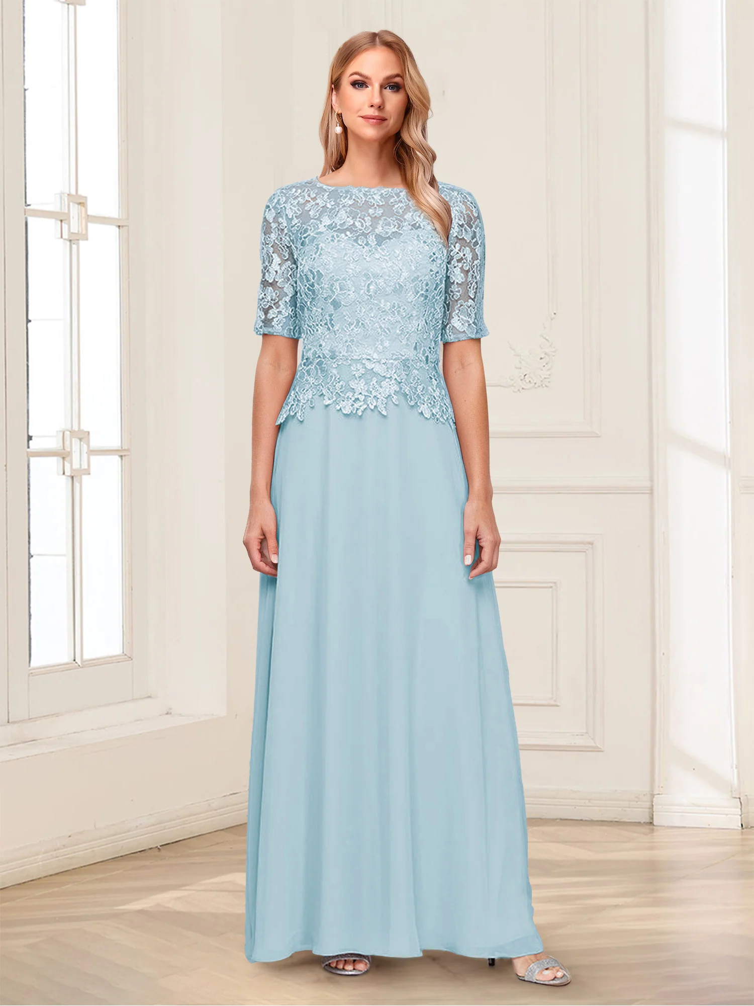 A-Line/Princess Scoop Half Sleeves Floor-Length Mother of the Bride Dresses with Applique & Lace - Image 45