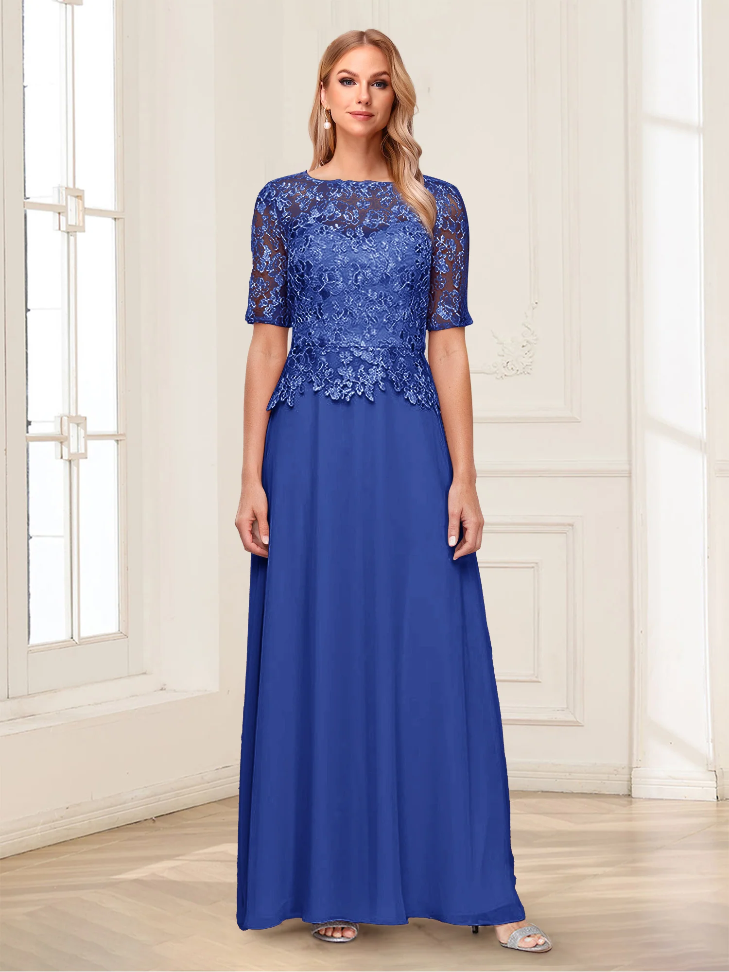 A-Line/Princess Scoop Half Sleeves Floor-Length Mother of the Bride Dresses with Applique & Lace - Image 48