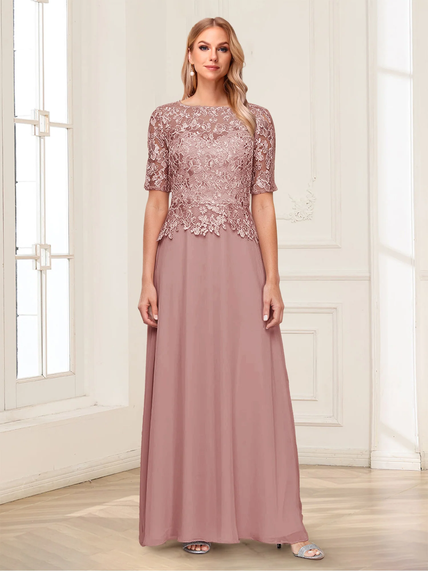 A-Line/Princess Scoop Half Sleeves Floor-Length Mother of the Bride Dresses with Applique & Lace - Image 49