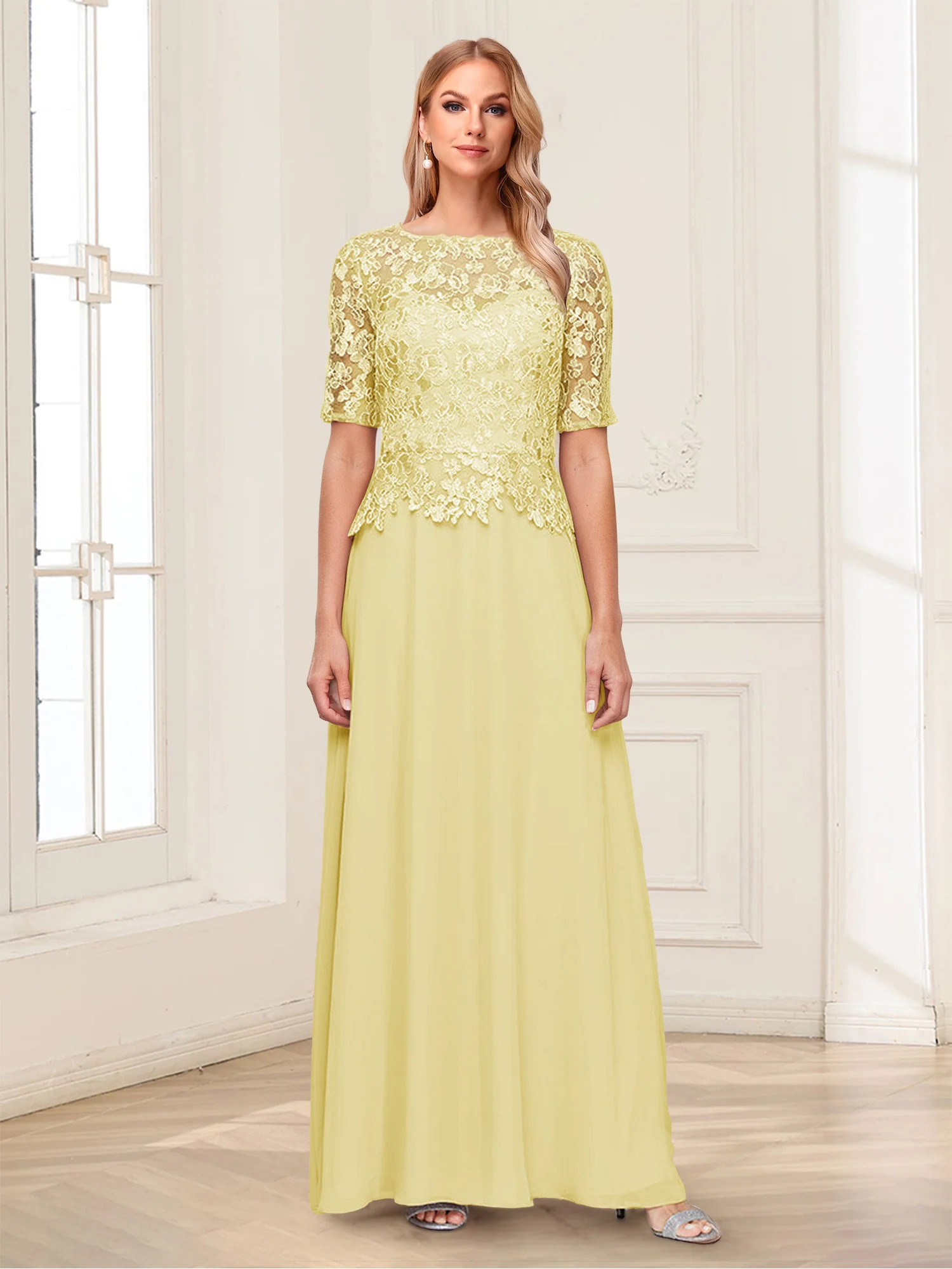 A-Line/Princess Scoop Half Sleeves Floor-Length Mother of the Bride Dresses with Applique & Lace - Image 6