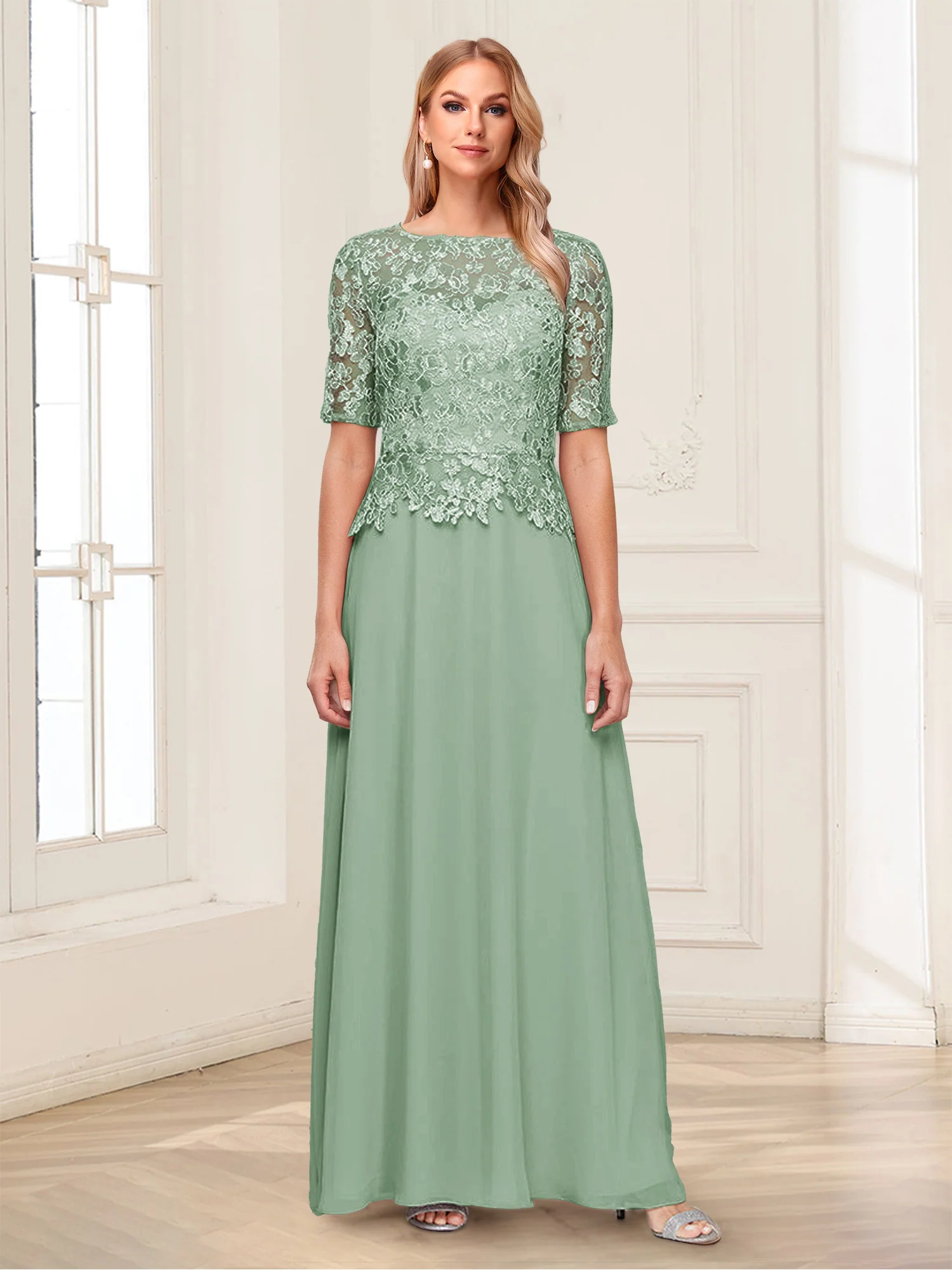 A-Line/Princess Scoop Half Sleeves Floor-Length Mother of the Bride Dresses with Applique & Lace - Image 62