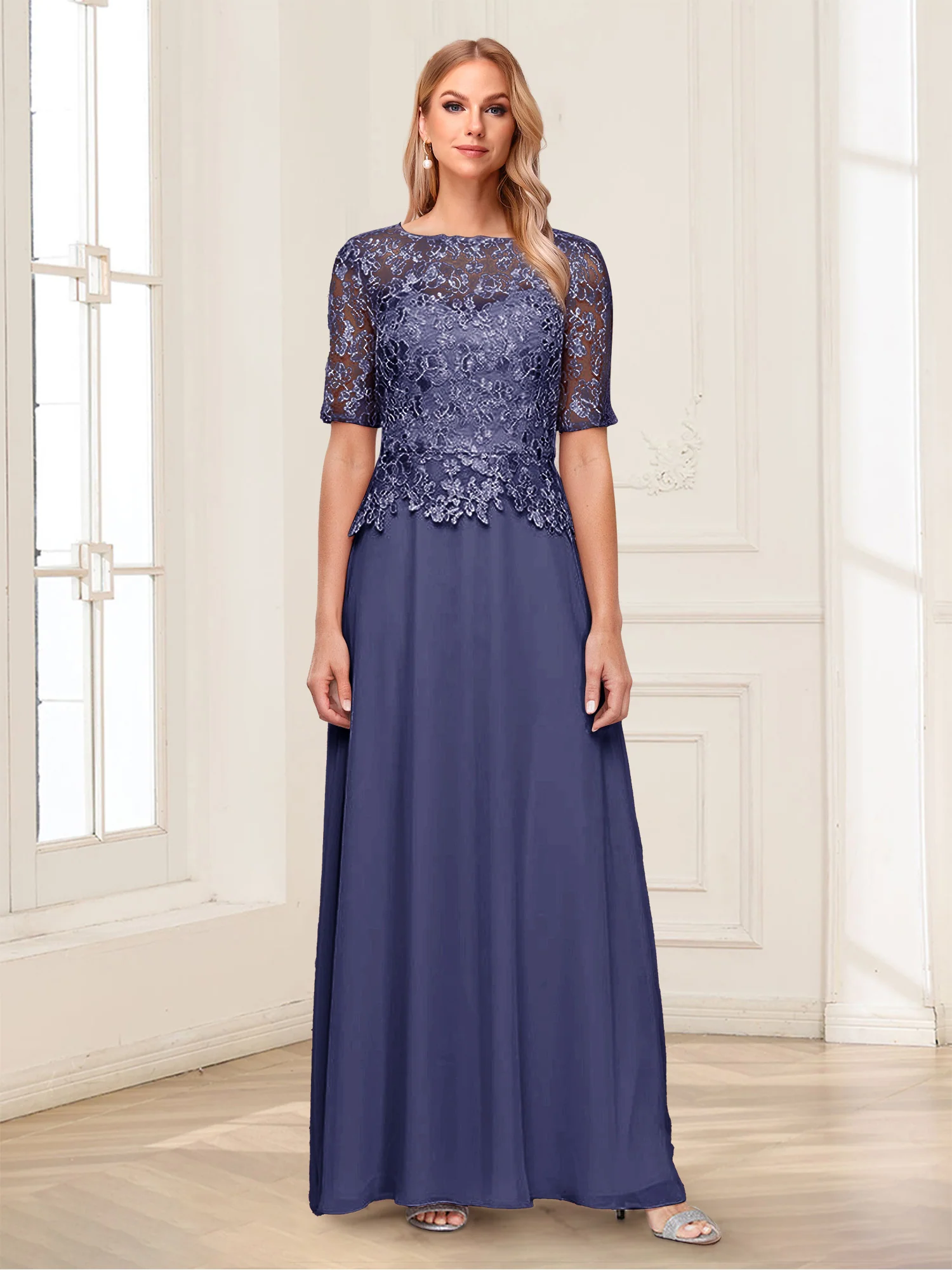 A-Line/Princess Scoop Half Sleeves Floor-Length Mother of the Bride Dresses with Applique & Lace - Image 67