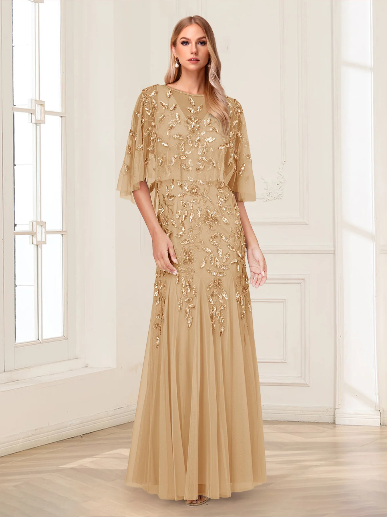 A-Line/Princess Scoop Half Sleeves Floor-Length Mother of the Bride Dresses with Beading&Sequins - Image 4