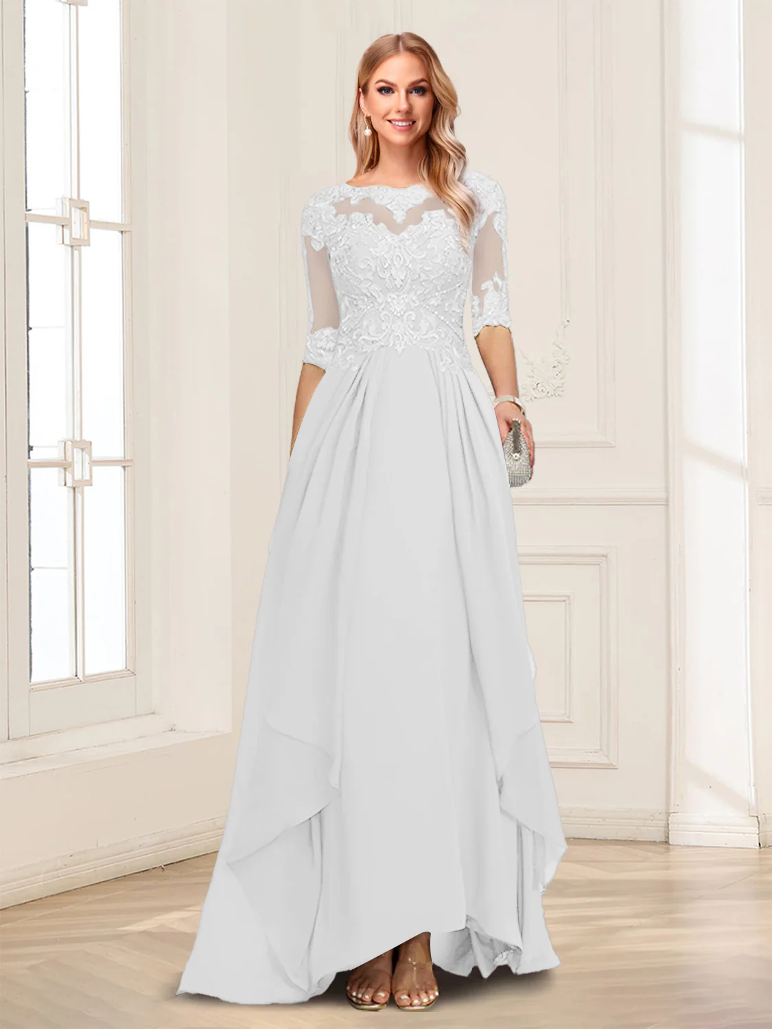 A-Line/Princess Scoop Half Sleeves Floor-Length Mother of the Bride Dresses with Lace - Image 10