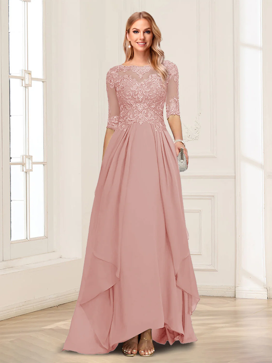 A-Line/Princess Scoop Half Sleeves Floor-Length Mother of the Bride Dresses with Lace - Image 23