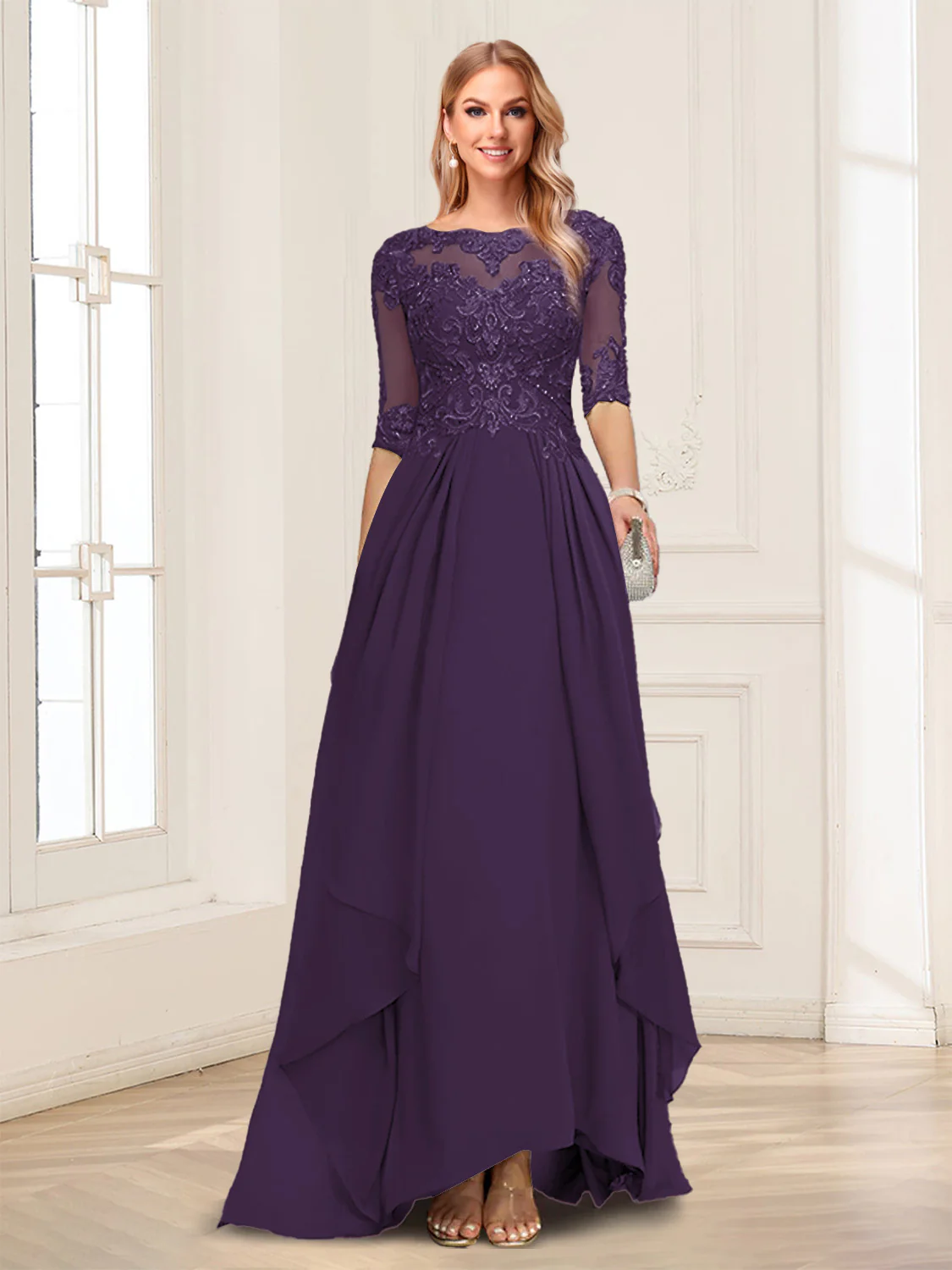 A-Line/Princess Scoop Half Sleeves Floor-Length Mother of the Bride Dresses with Lace - Image 27