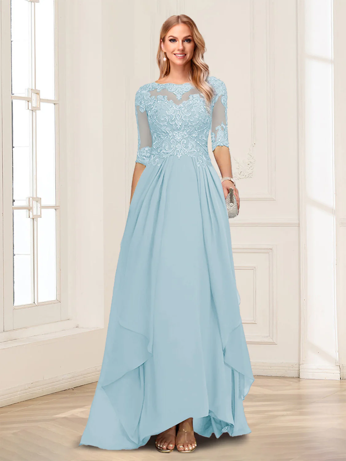 A-Line/Princess Scoop Half Sleeves Floor-Length Mother of the Bride Dresses with Lace - Image 30