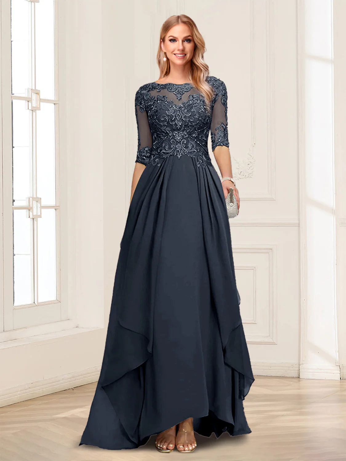 A-Line/Princess Scoop Half Sleeves Floor-Length Mother of the Bride Dresses with Lace - Image 37