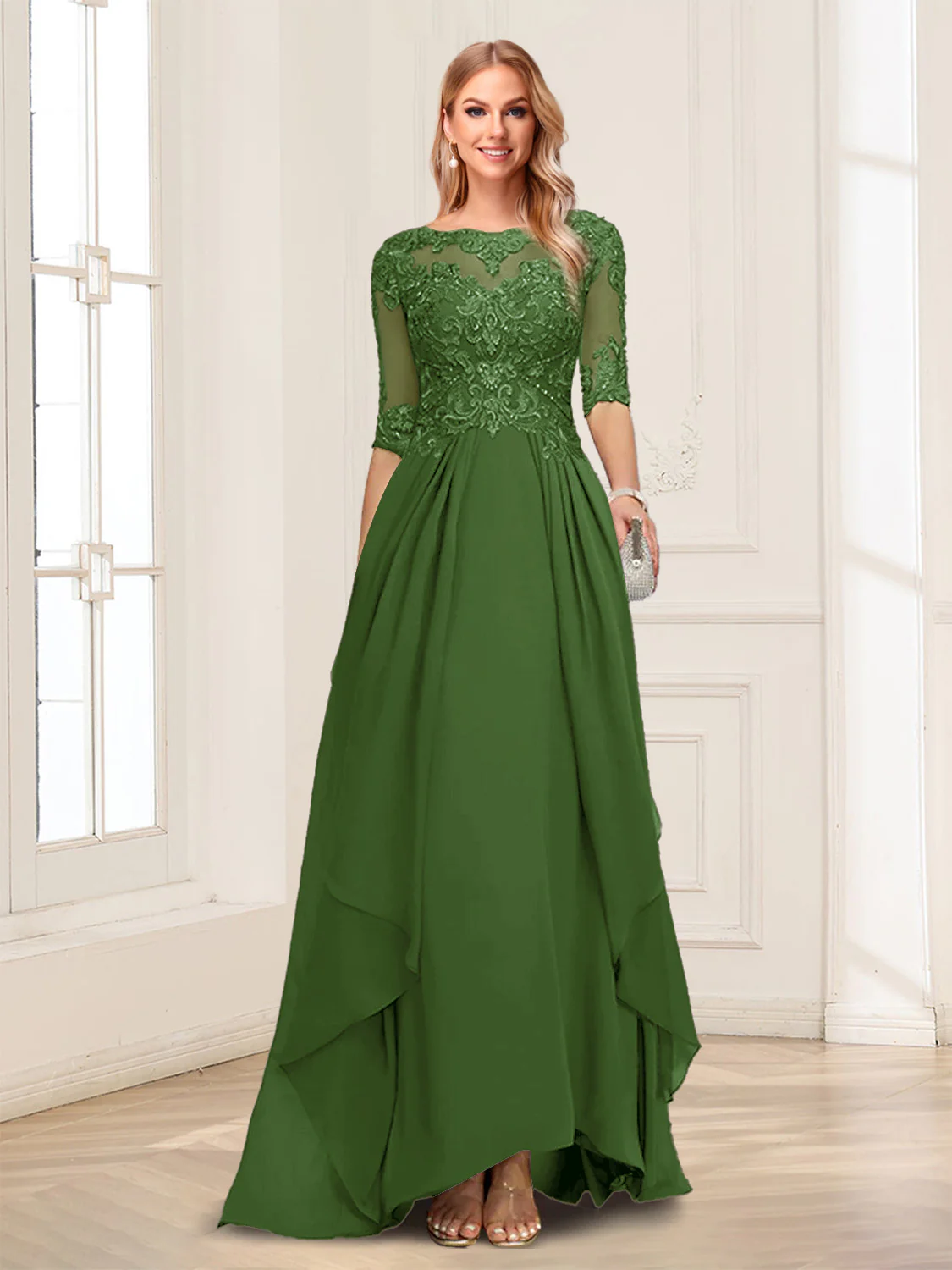 A-Line/Princess Scoop Half Sleeves Floor-Length Mother of the Bride Dresses with Lace - Image 39