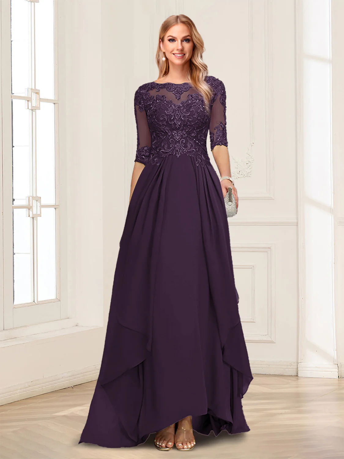 A-Line/Princess Scoop Half Sleeves Floor-Length Mother of the Bride Dresses with Lace - Image 41