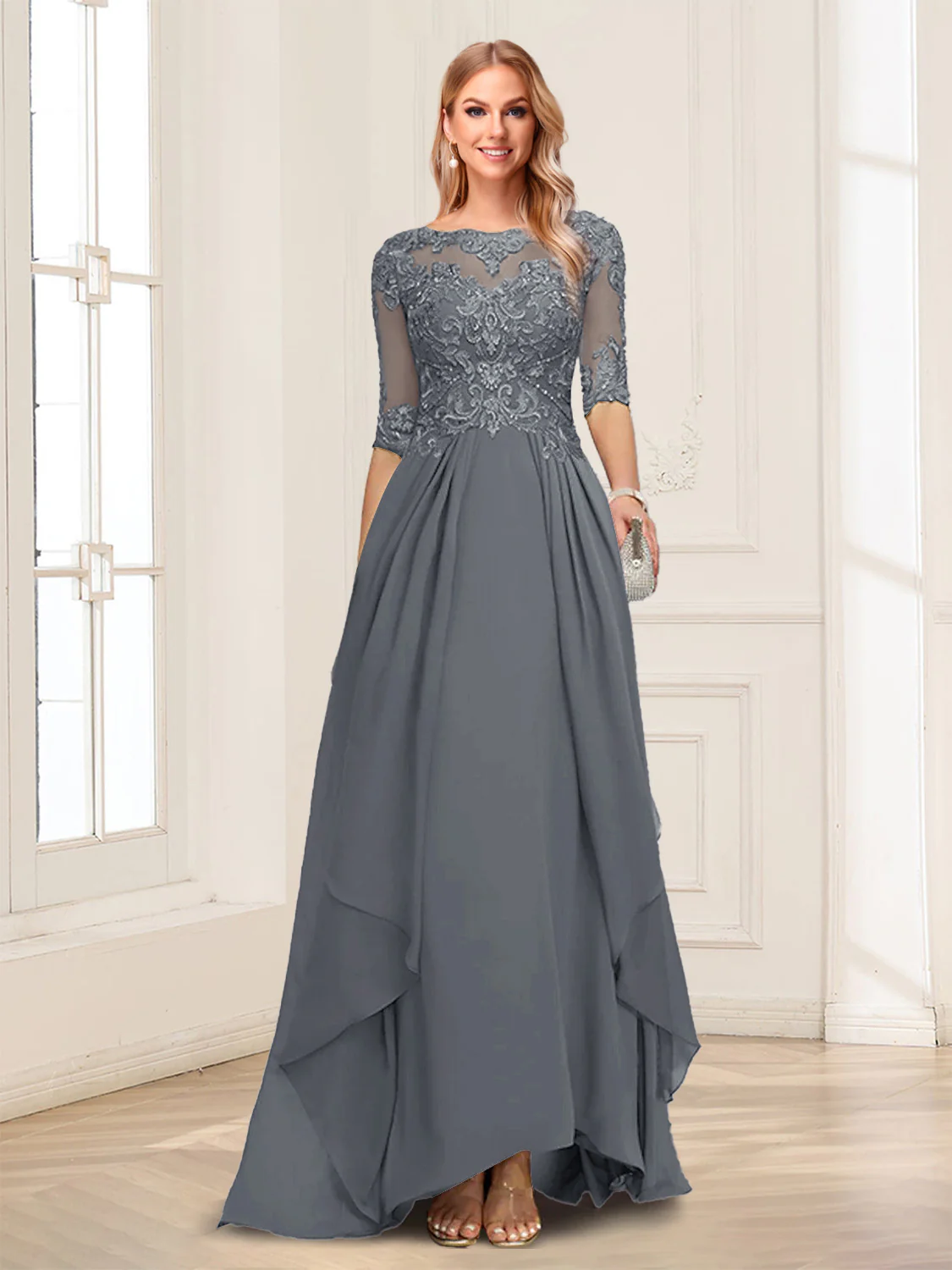 A-Line/Princess Scoop Half Sleeves Floor-Length Mother of the Bride Dresses with Lace - Image 5