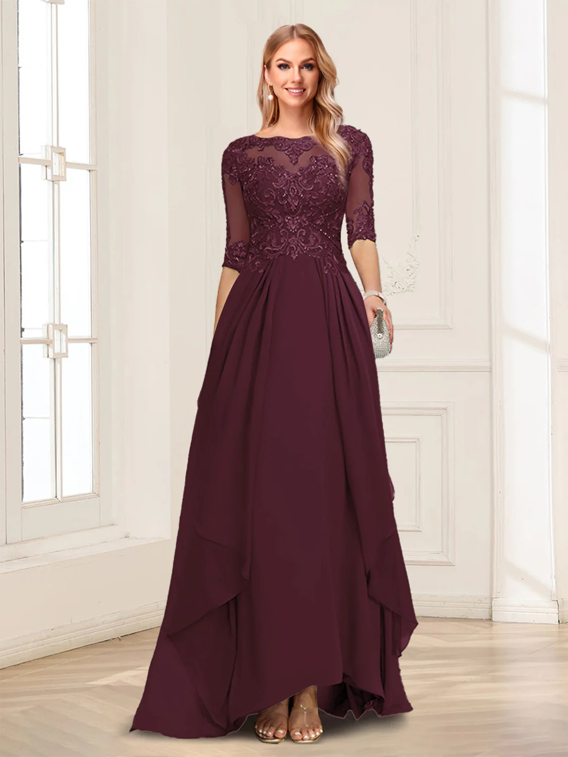 A-Line/Princess Scoop Half Sleeves Floor-Length Mother of the Bride Dresses with Lace - Image 53