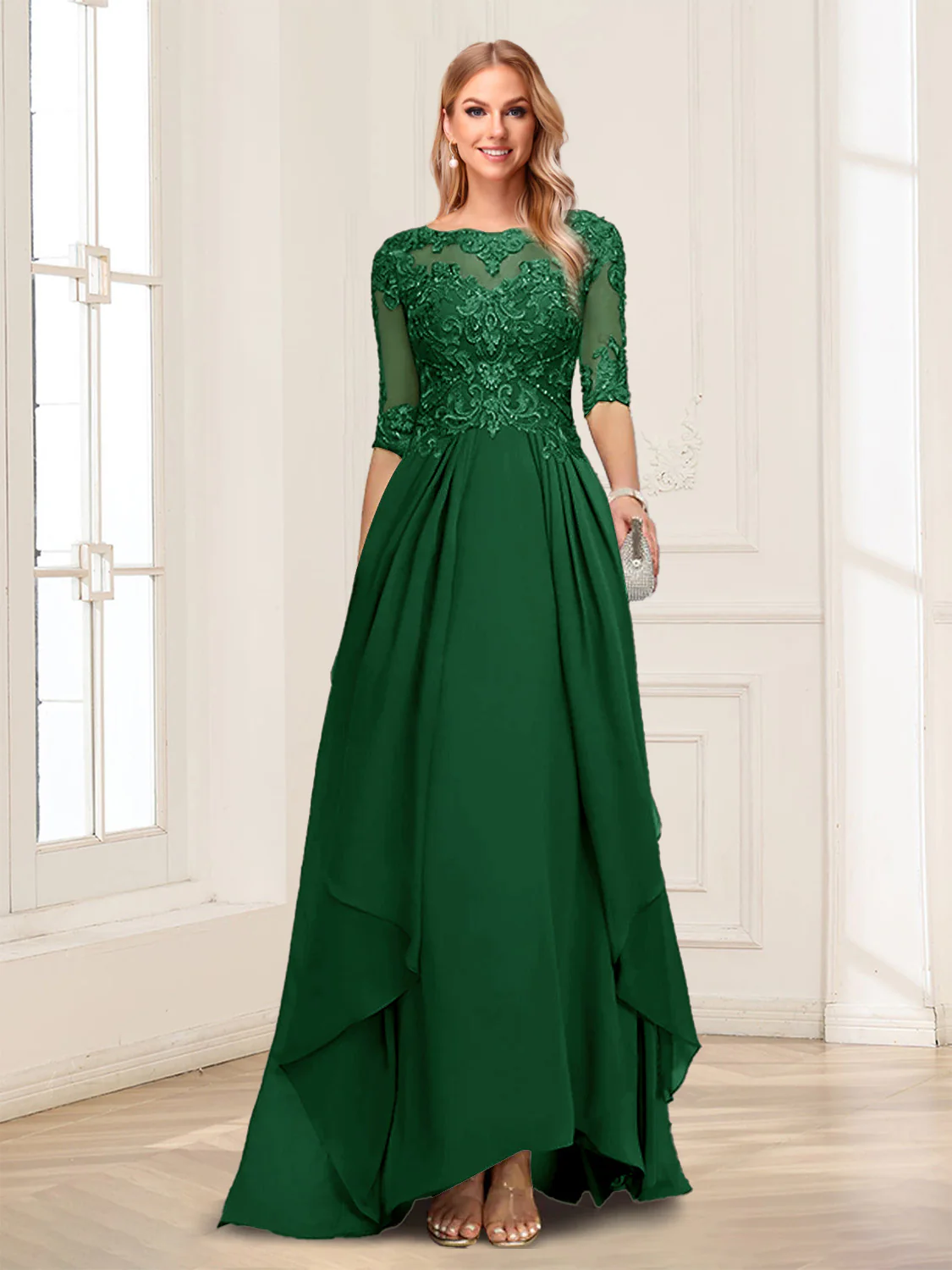 A-Line/Princess Scoop Half Sleeves Floor-Length Mother of the Bride Dresses with Lace - Image 58