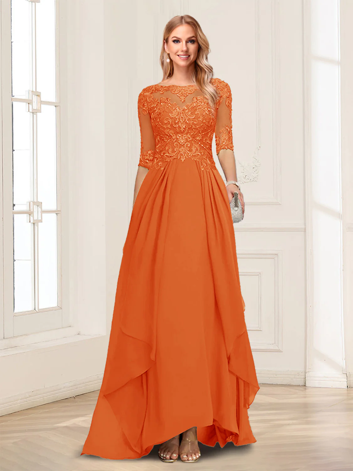 A-Line/Princess Scoop Half Sleeves Floor-Length Mother of the Bride Dresses with Lace - Image 65