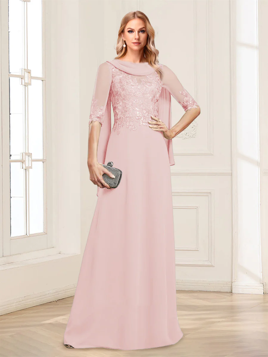 A-Line/Princess Scoop Half Sleeves Floor-Length Mother of the Bride Dresses with Lace&Ruched - Image 17