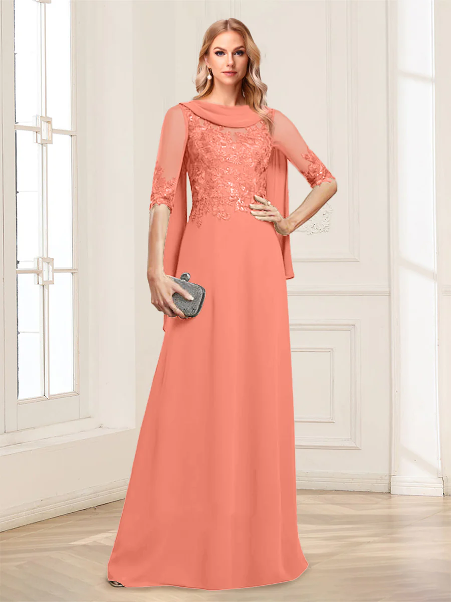 A-Line/Princess Scoop Half Sleeves Floor-Length Mother of the Bride Dresses with Lace&Ruched - Image 24